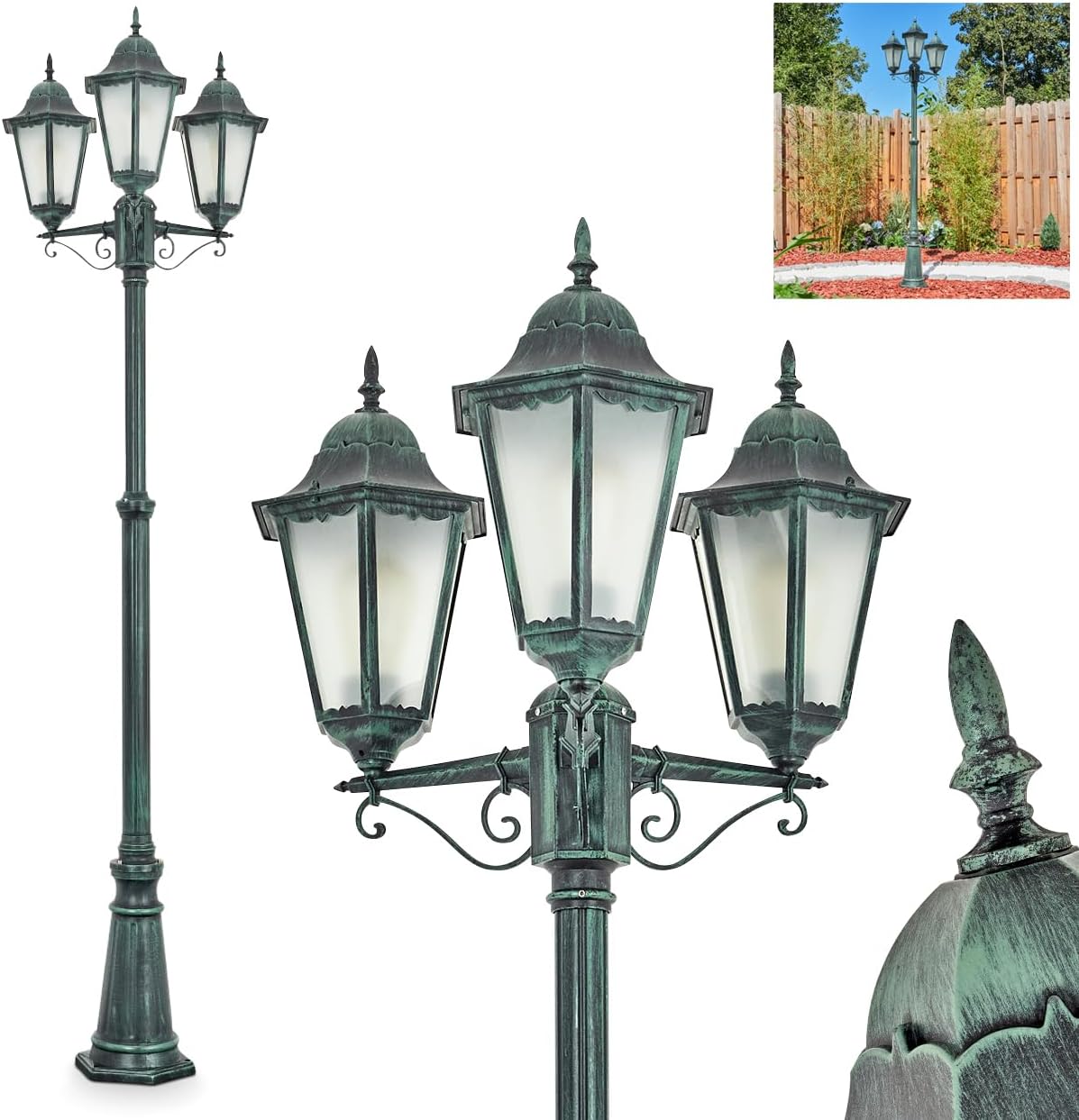 HOFSTEIN Kandelaber Hongkong, Außenwegeleuchte aus Metall/Milchglas in Schwarz-Grün, Wechselscheiben Klar, Wegeleuchte im Landhaus/Antik/Retro/Vintage-Design für Garten, Hof, max. 245cm, 3 x E27, IP44