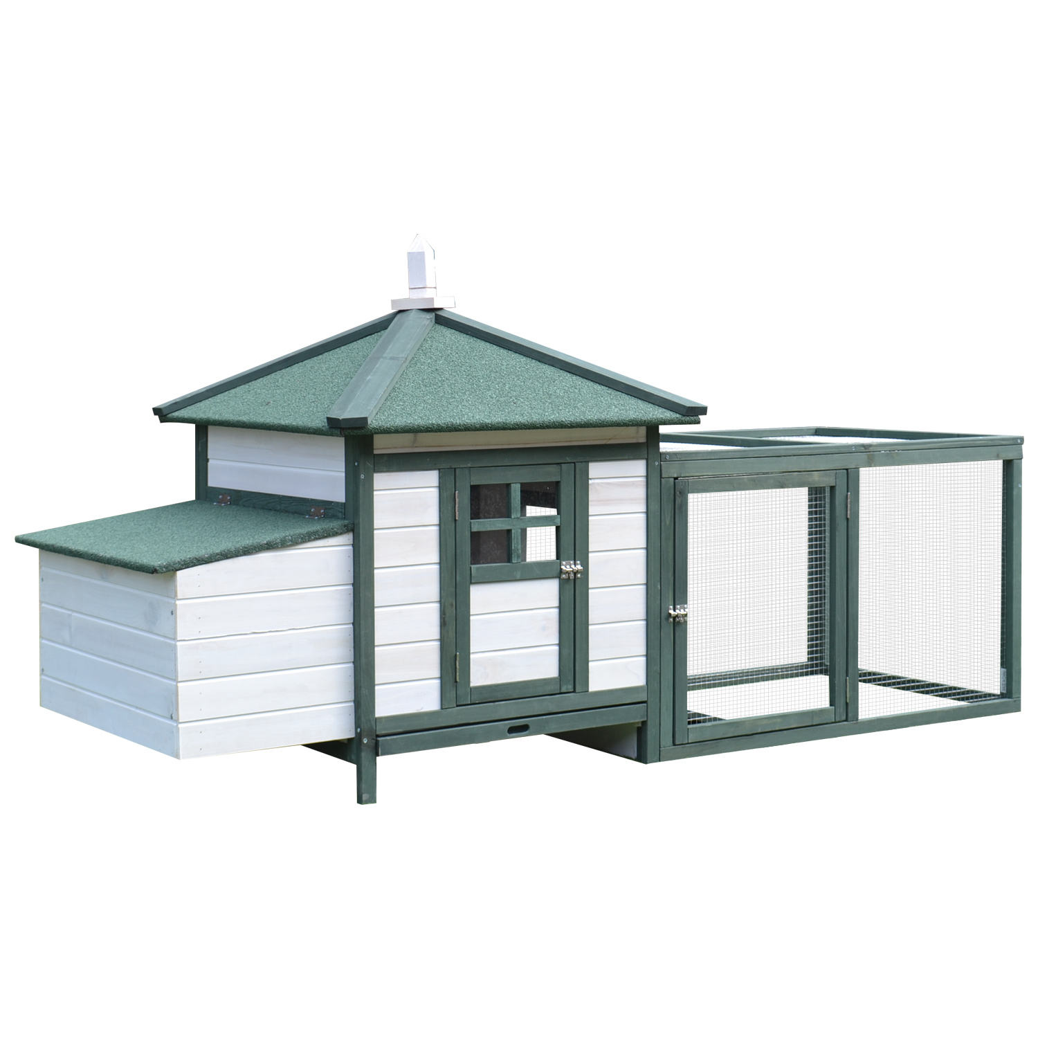 PawHut Hühnerstall für Zwerghühner 196 x 76 x 97 cm Hühnerhaus mit Nistkasten, Freilaufgehege Sitzstange, Kleintierstall aus Holz, Grün