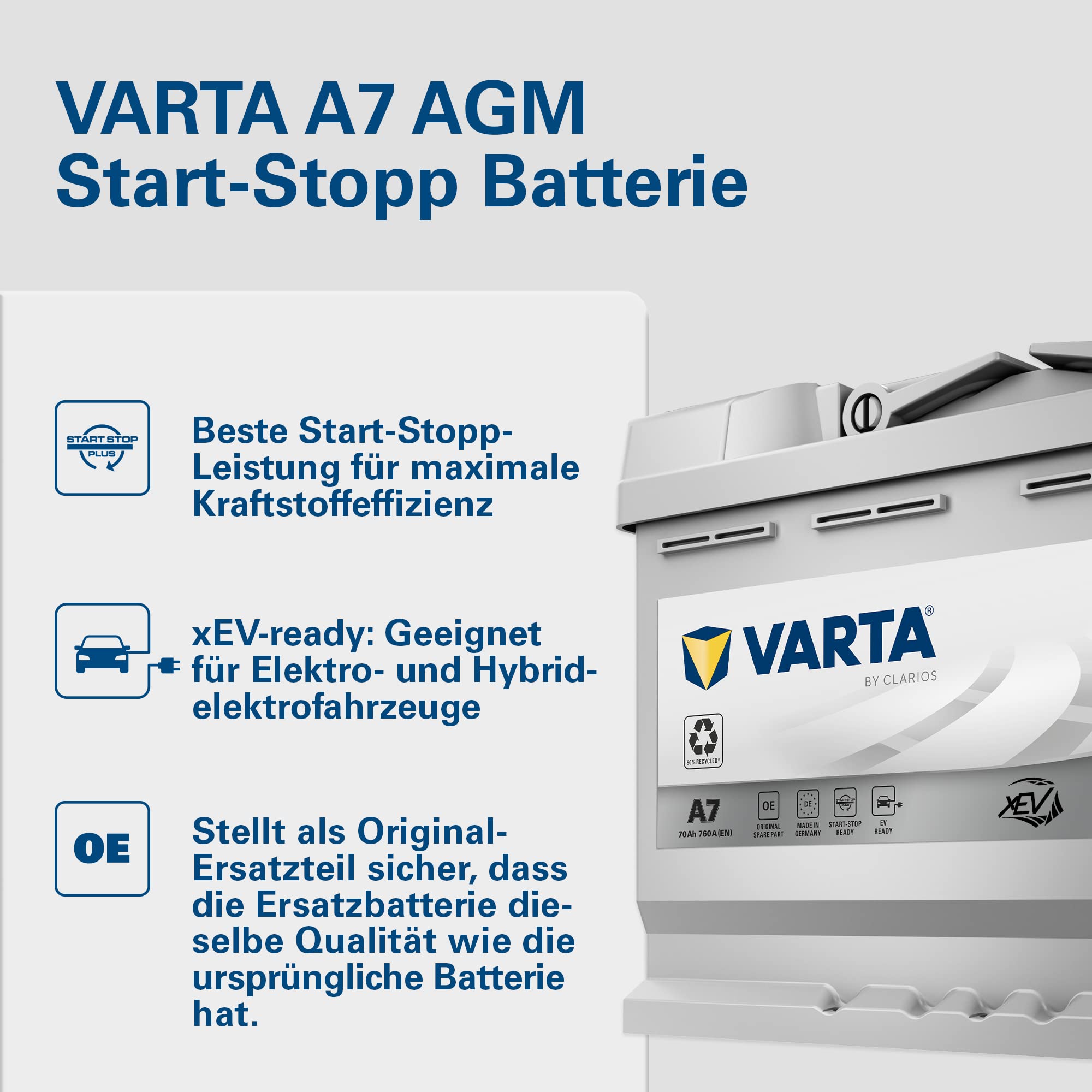 VARTA Silver AGM A7 E39 Start Stop xEV Autobatterie 12V 70Ah 760A Starterbatterie für hohen Energiebedarf