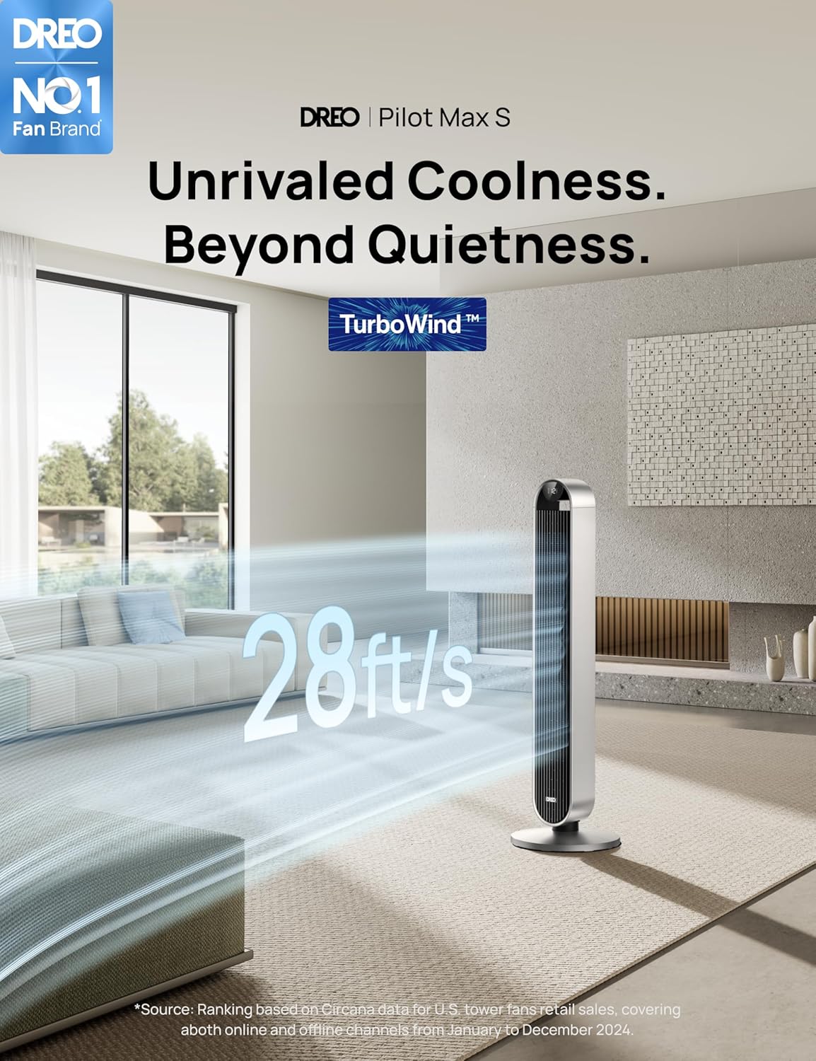 Dreo 25dB Stille Slimme Torenventilator met Spraakbesturing, WiFi Alexa Ventilator, APP Bediening, 120 Oscillerende Staande Ventilator, 12 Snelheden, 4 Modi, 12-uurs Timer, Pilot Max S