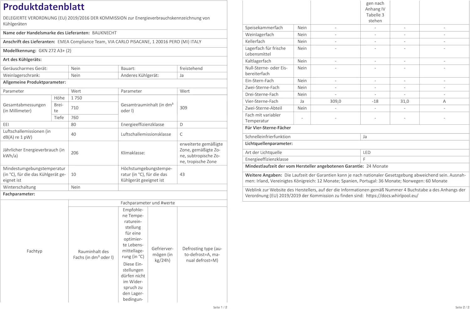 Bauknecht GKN 272 A3+ Gefrierschrank / 309 L Gesamtnutzinhalt / NoFrost / EasyOpen Ventil / Innenbeleuchtung / Elektronische Steuerung mit innenliegendem Bedienfeld, Wei?