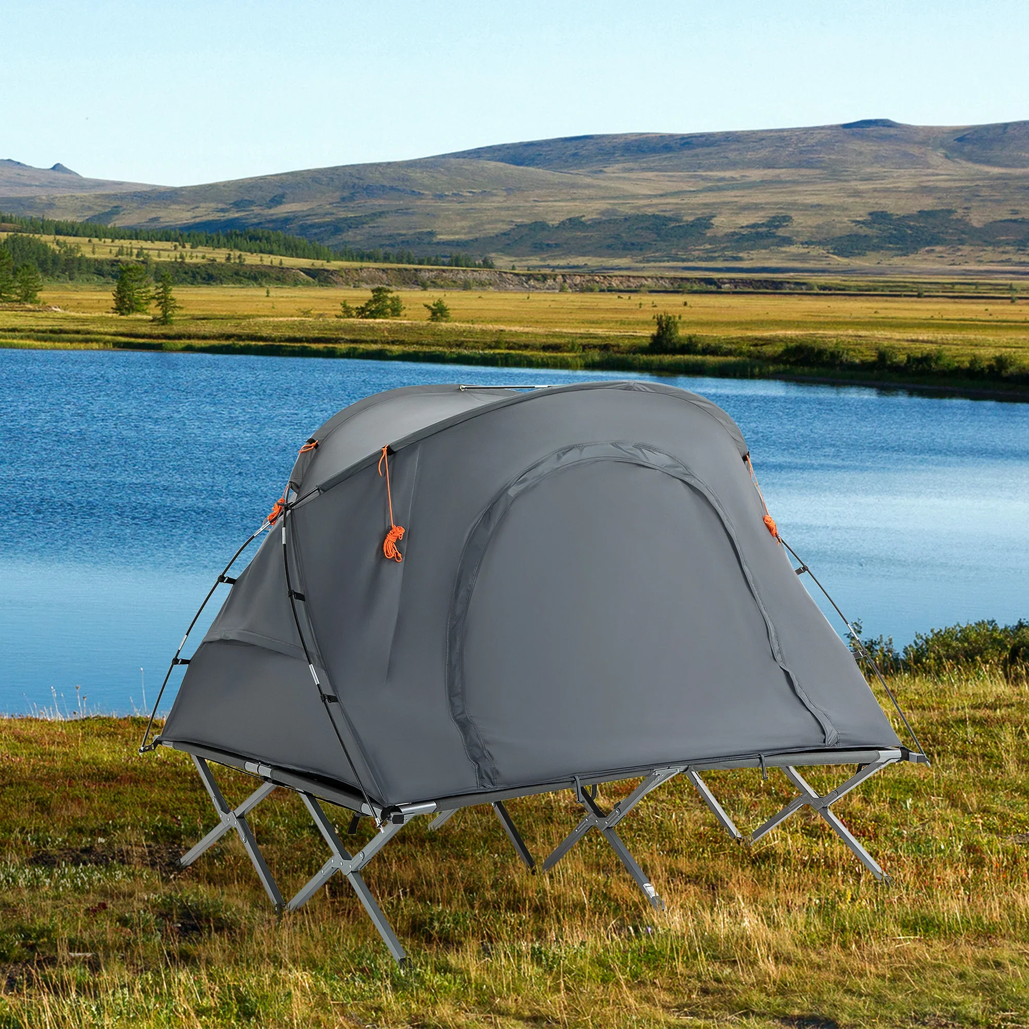Outsunny kampeerbed met tent & luchtmatras voor 2 personen, 200��146��159 cm, Grijs
