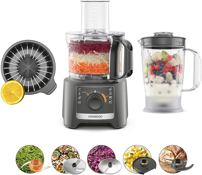 Kenwood MultiPro Compact FDP31.360GY, Robot da Cucina Multifunzione con Lama per Frullare, Disco per Impastare e Affettare, Spremiagrumi, Frullatore 1.2L, 2 Velocità+Pulse, Ciotola 2.1L, 800W, Grigio