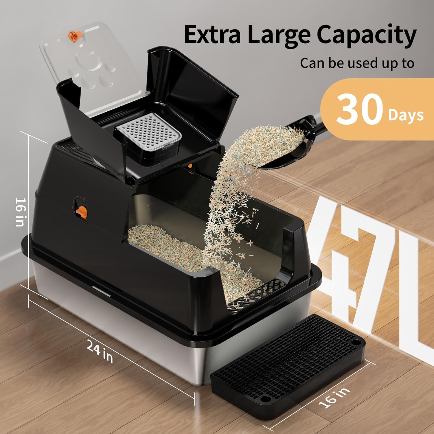Lettiera per Gatti in Acciaio Inox, Lettiera Gatto Chiusa XXL, Lettiera Gatto Grande con Pala in Metallo, Doppio Strato Opaco Toilette per Gatti Grande - Grigio
