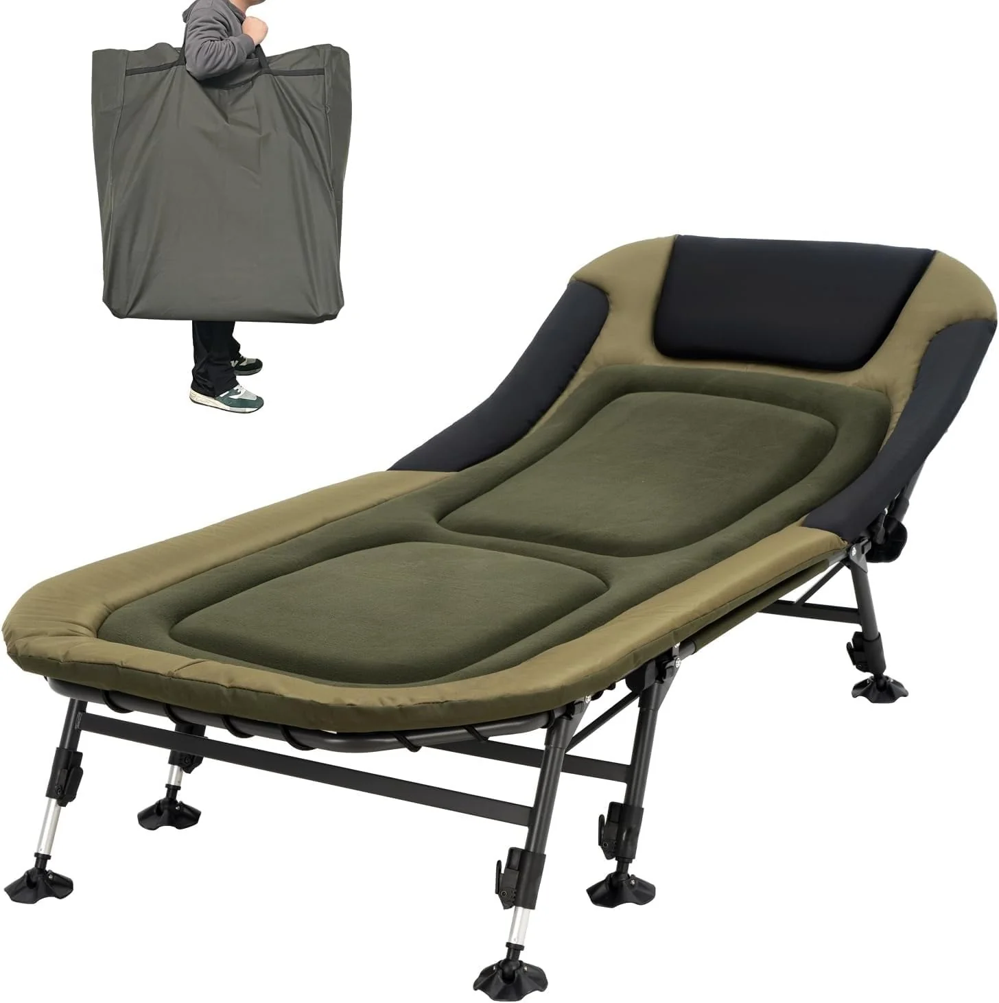 Camping Cots for Adults 330Lbs with Carry Bag, Heavy Duty Folding Bed with Soft Padded Cushion, Portable Military Cot for Hunting, 180�� Adjustable Reclining Outdoor Lounger