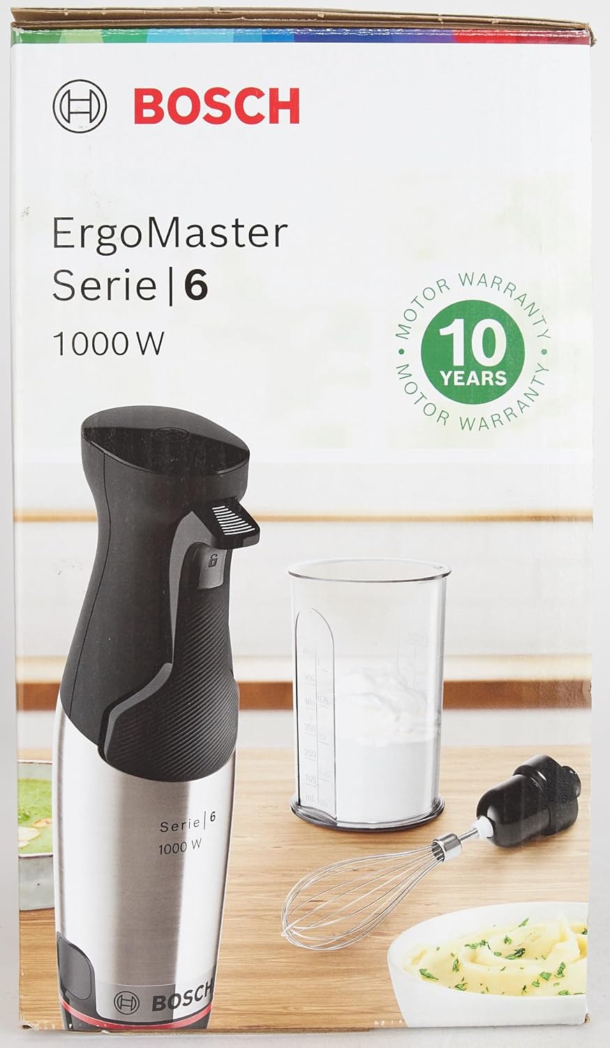 Bosch Stabmixer ErgoMaster Serie 6 MSM6M673, 10 Jahre Motorgarantie, Edelstahl-Klingen, verschleifreie Keramik-Kupplung, Luftkühlung, Zerkleinerer, Kartoffelstampfer, Schneebesen, 1000 W