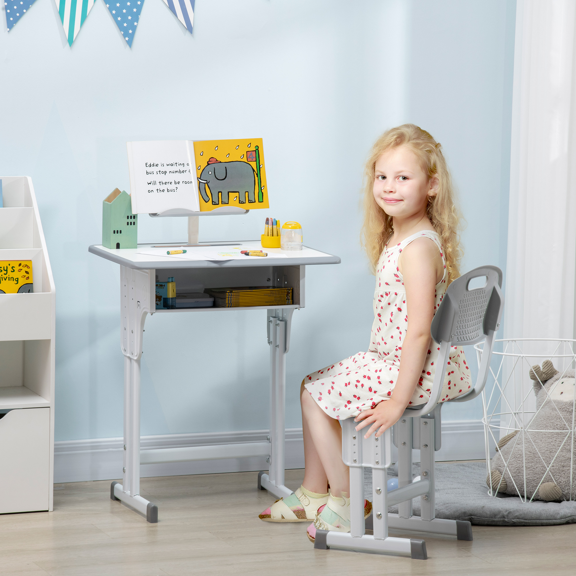 HOMCOM Schreibtisch und Stuhl für Kinder mit Leseständer, Fach, Haken und Stifthalter 60 x 45 x 90-102 cm grau