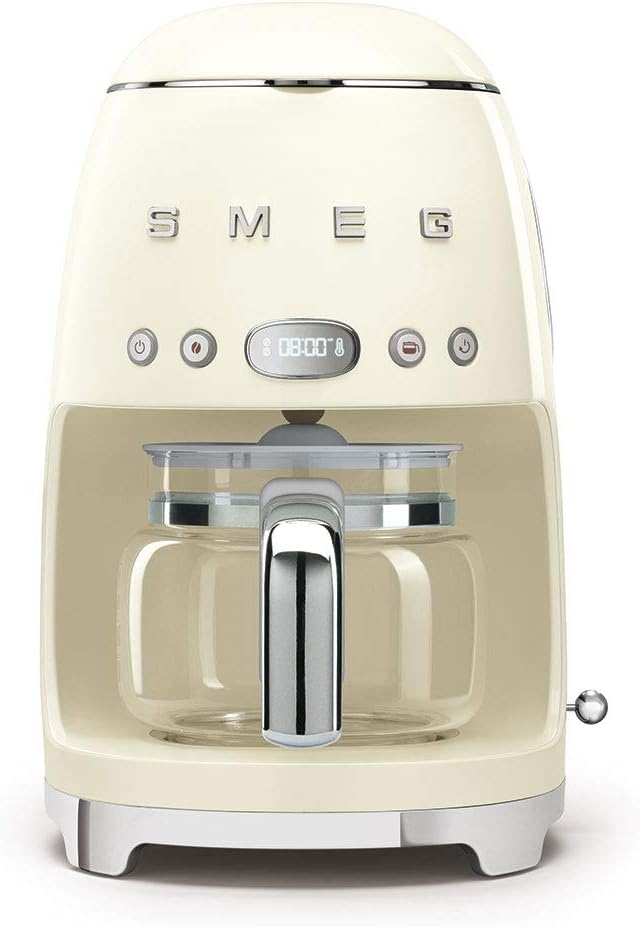 Smeg, Macchina da Caffè Filtro DCF02CREU, Funzione Aroma e Autostart, Caraffa in Vetro Fino a 12 Tazze, 2 Livelli di Intensità, Modalità Keep Warm, 1050W, Panna