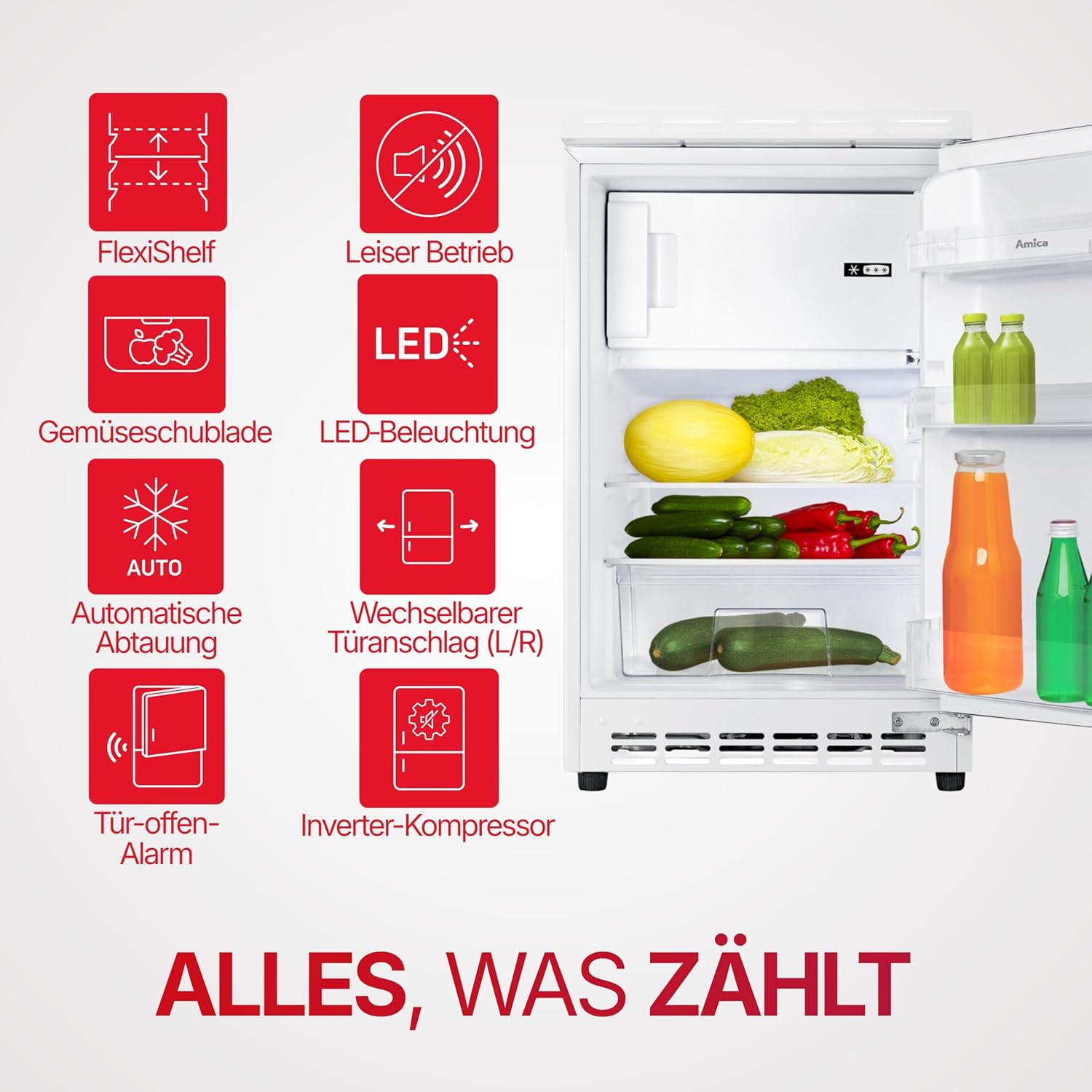Amica Unterbau Kühlschrank dekorfähig für 815 cm Nische elektronische Steuerung Inverter Kompressor LED Beleuchtung Tür-Offen-Alarm, 82 liters