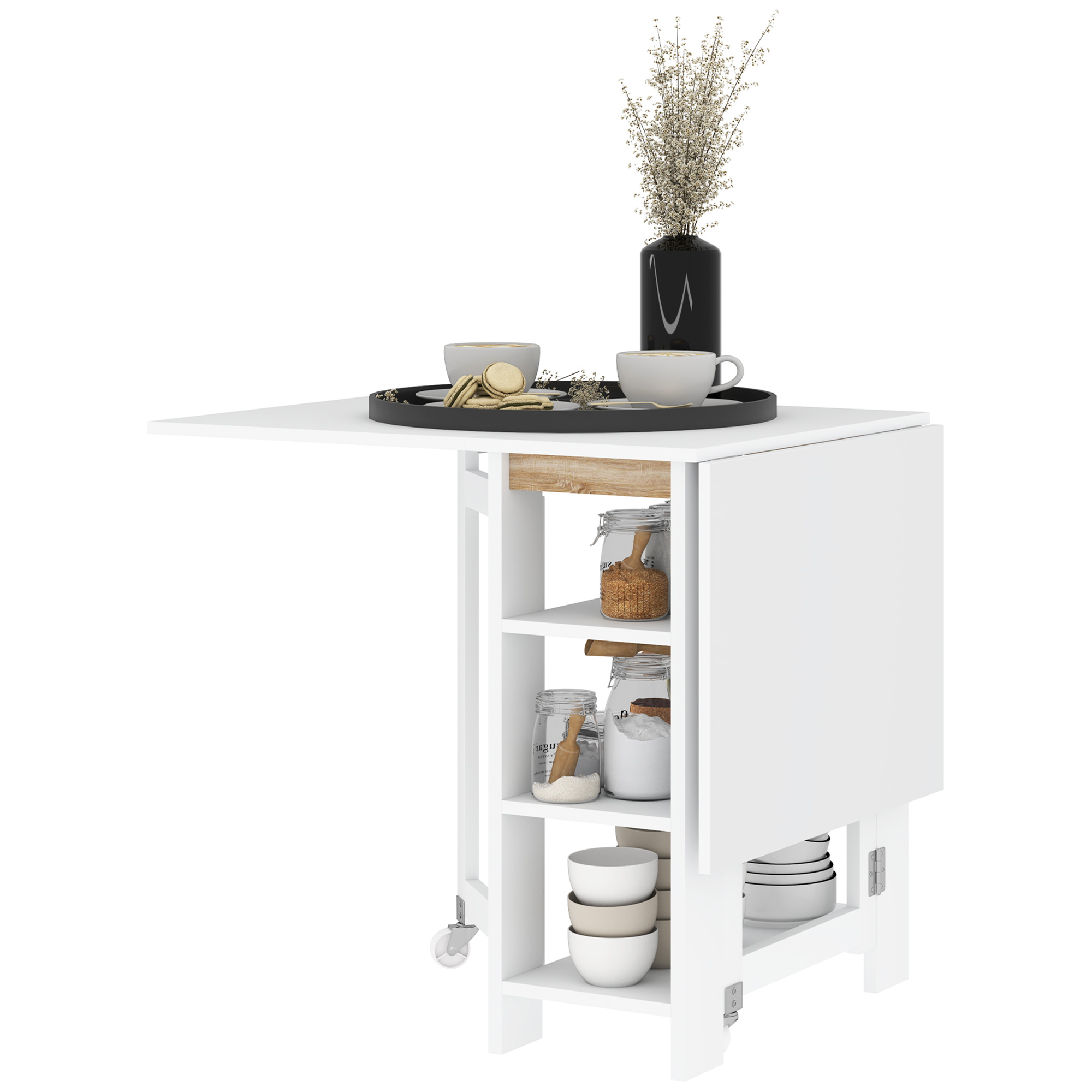 HOMCOM Klappbarer Küchentisch, klappbarer Esstisch mit 3 Regalen, 2 Klappen, modernes Design, 120 x 60 x 75 cm, weiß