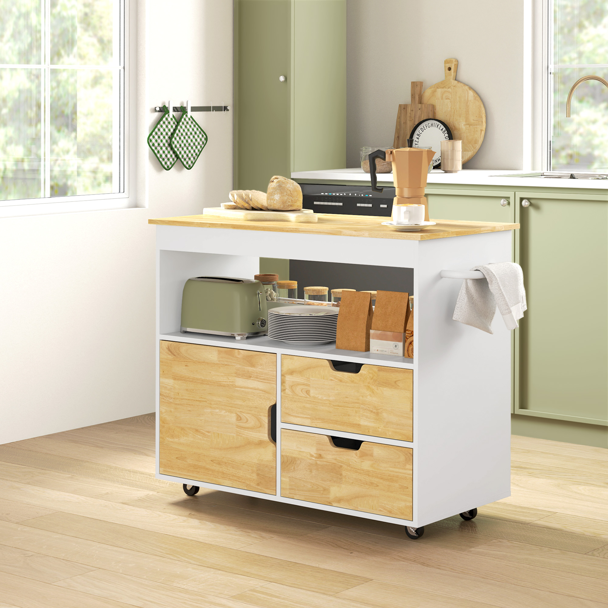 Keukentrolley, Rolbaar Keukeneiland, Keuken-Trolley met Vakken, Kast en Werkblad, Wit
