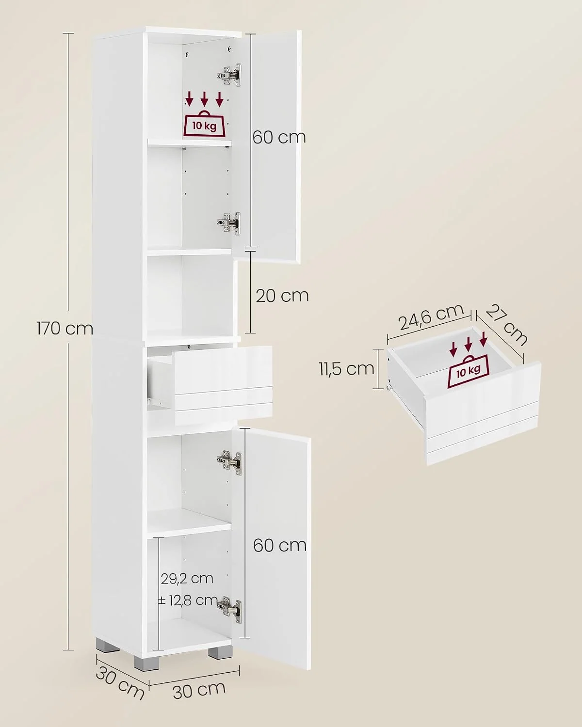 VASAGLE Badezimmerschrank mit Türen und Schubladen