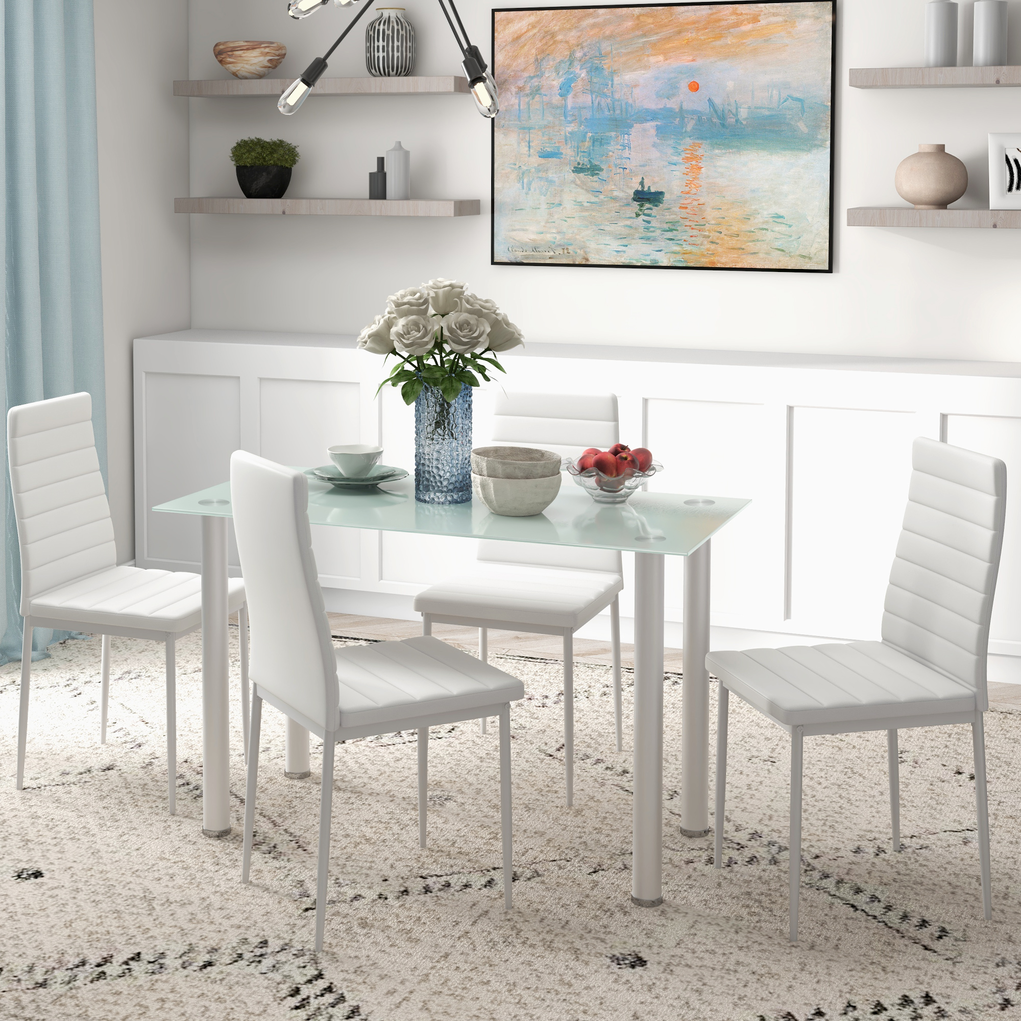 HOMCOM 5-tlg. Essgruppe Sitzgruppe Esstisch mit 4 Stühlen, modernes Design, Glastisch, Weiß