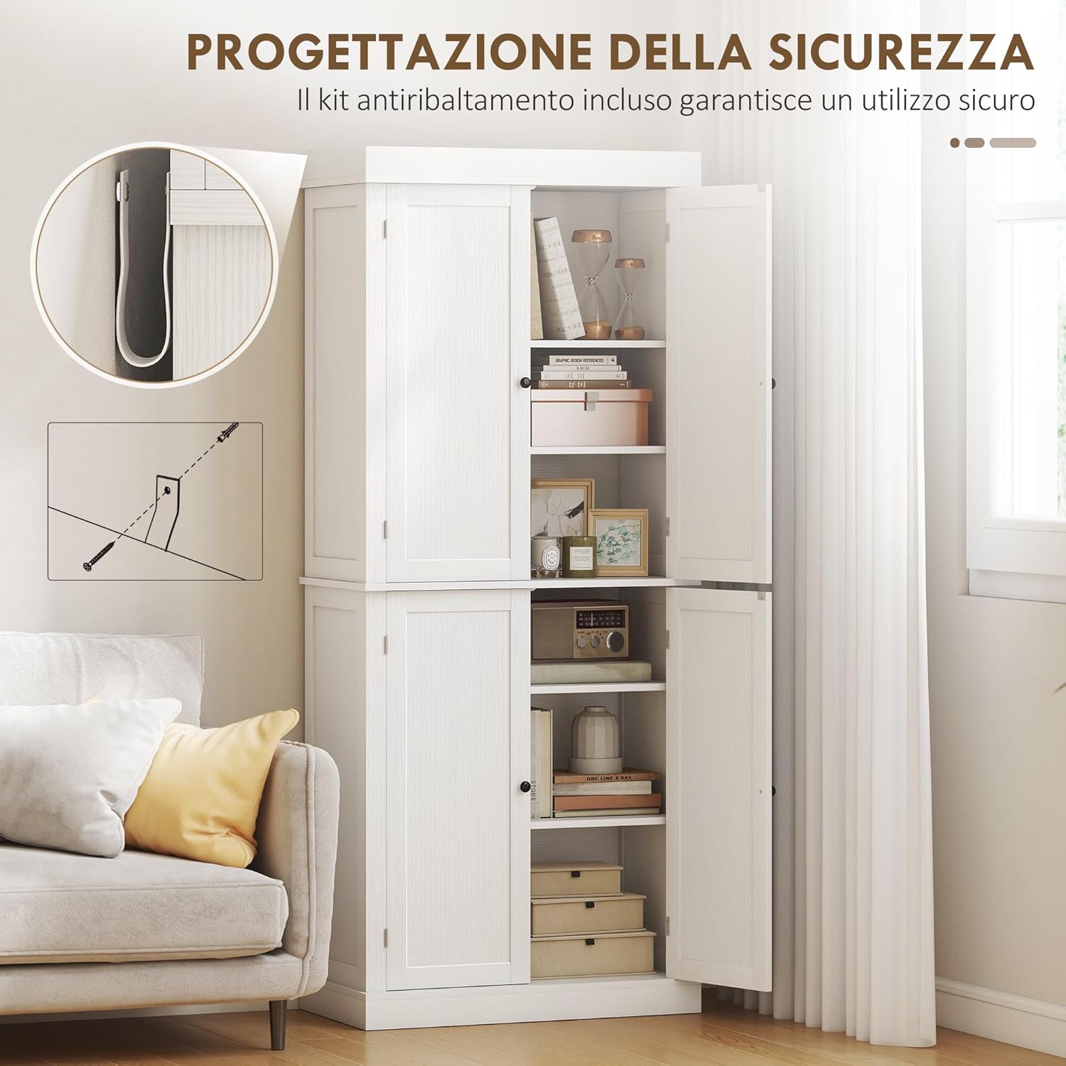 HOMCOM Mobile Cucina Alto con 6 Ripiani e 2 Ante, Armadio Dispensa con Ripiani Regolabili in Legno, 76x40.5x184 cm, Bianco
