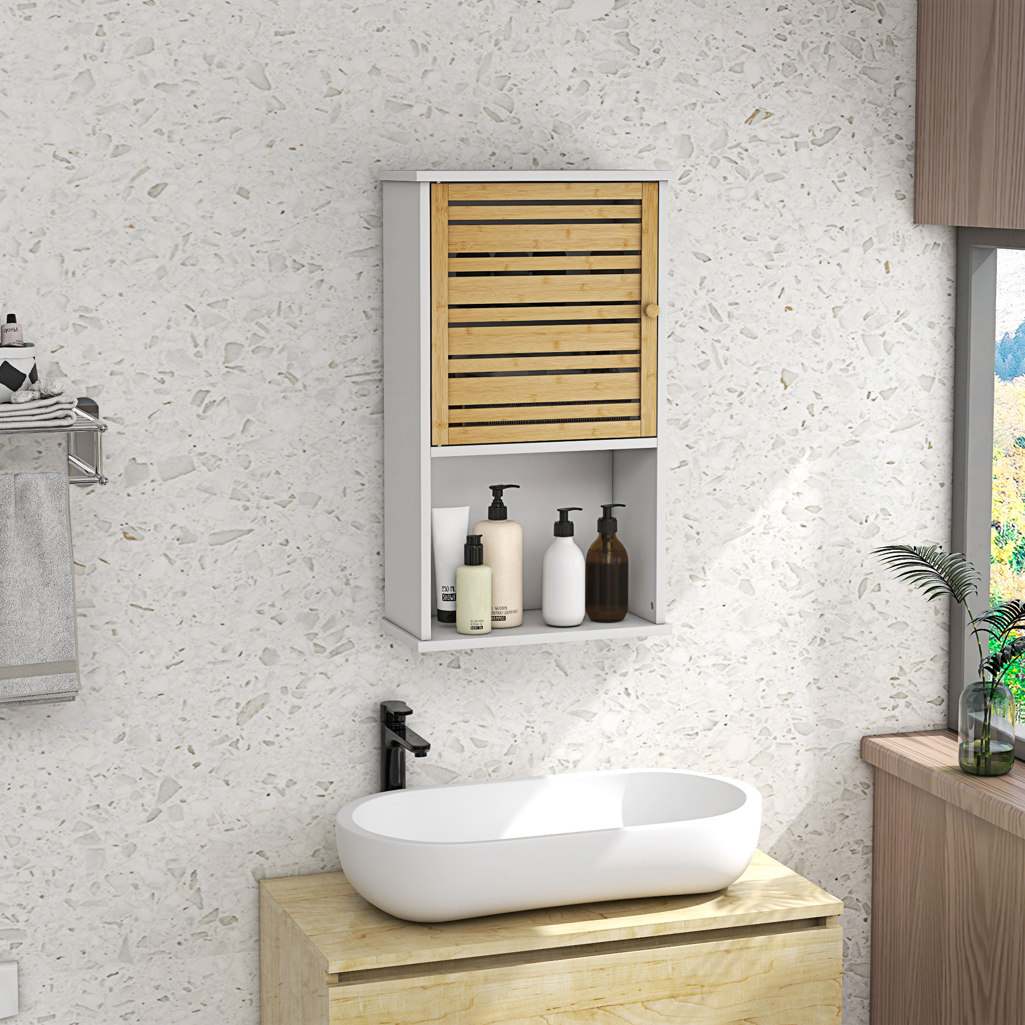 HOMCOM Wandregal für das Badezimmer mit Bambustür, Aufbewahrungsschrank, 40B x 20T x 70H cm, Weiß
