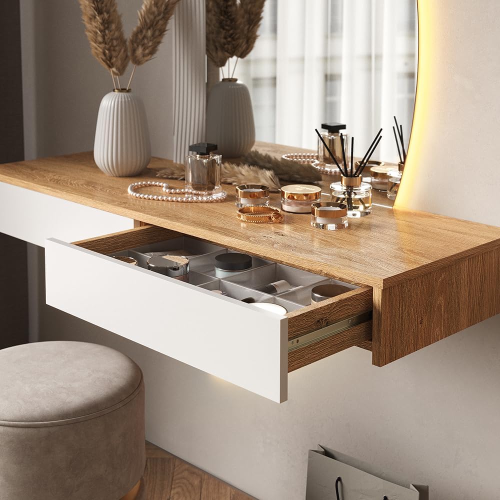 Vicco Melisa Dressing Table, Oak/White, 120 cm with LED Lighting