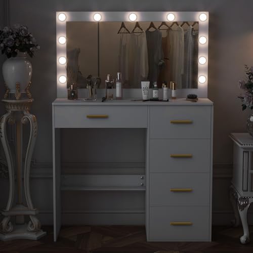 Teousev Toilette Trucco con Specchio, Toeletta Trucco con Luci, Postazione Trucco con 5 Cassetti, Tavolo Trucco per La Camera Da Letto, 80X36X131cm, Bianco, JR27 : Amazon.it: Casa e cucina
