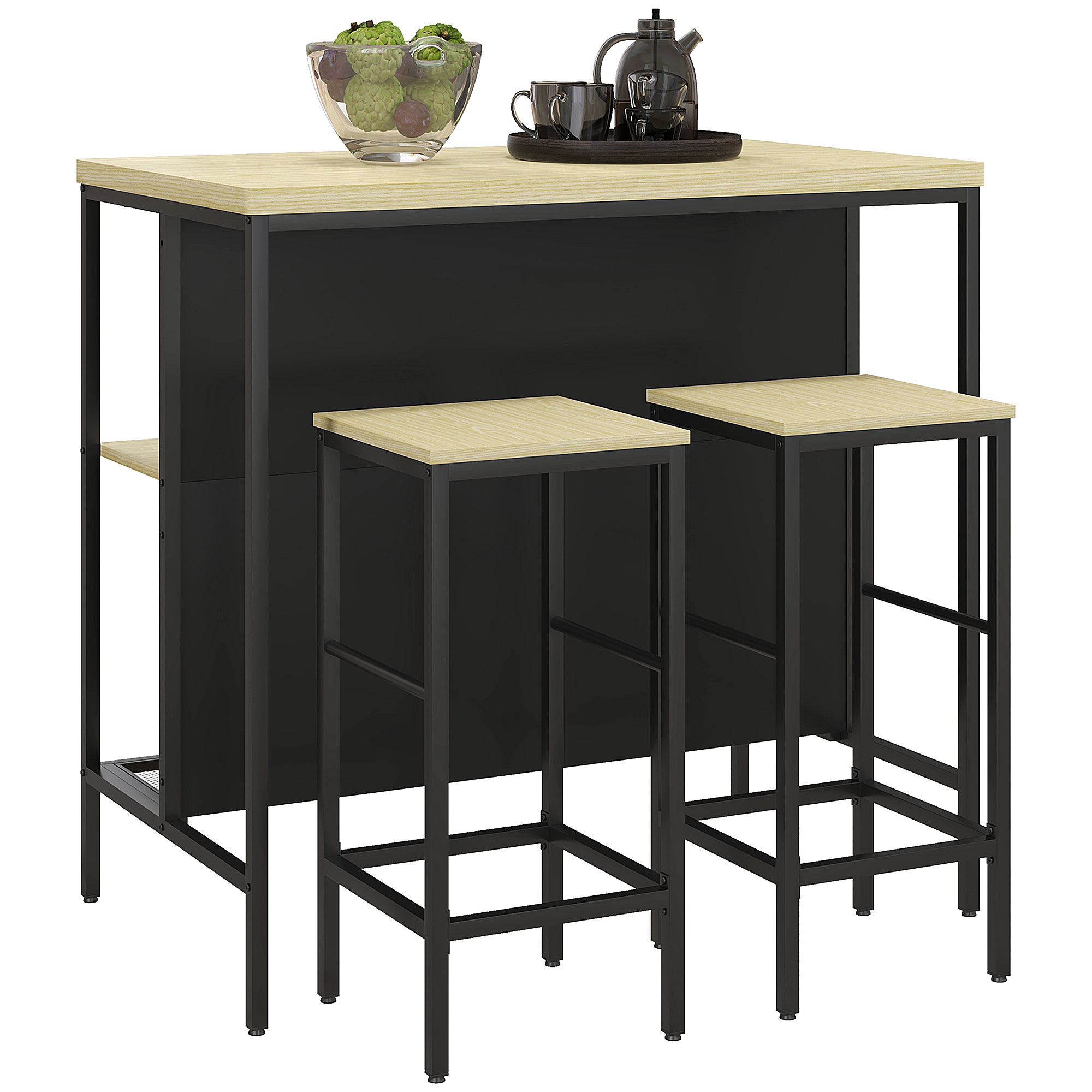 Barset, 2 Barkrukken & 1 Bartafel, vlekbestendig, stabiel, Staalframe, Zwart/Eik