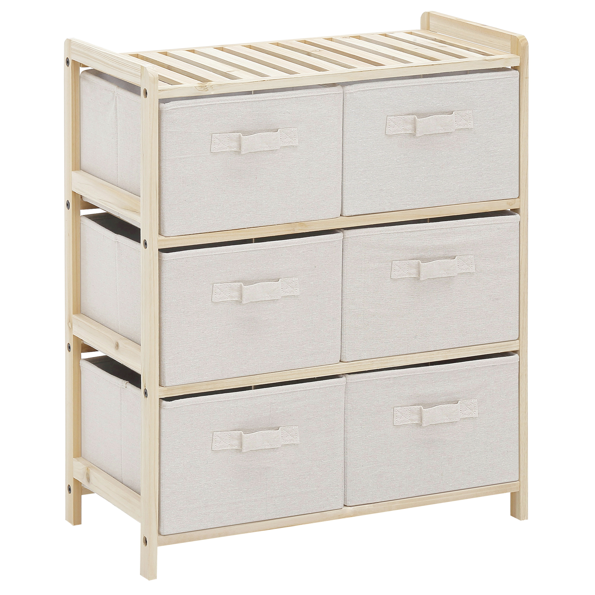 HOMCOM Stoffkommode Aufbewahrungsschrank mit 6 klappbaren Schubladen im zeitgenössischen Stil, Kiefernholzrahmen für Schlafzimmer Büro Wohnzimmer 59 x 28 x 70 cm Naturholz Beige
