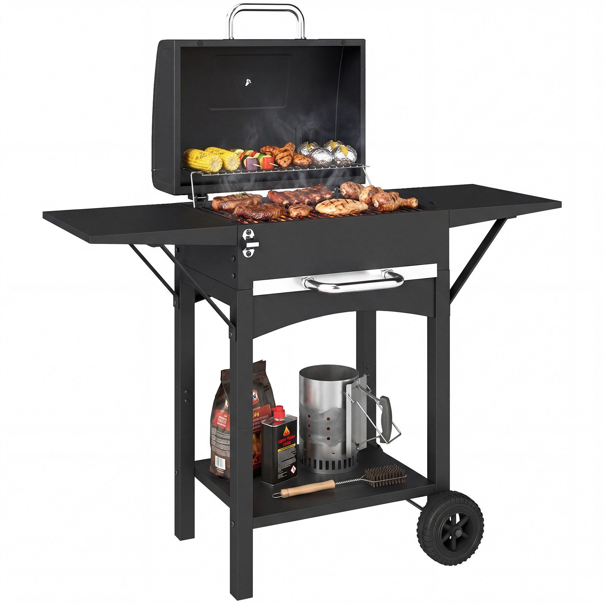 Holzkohlegrill mit 2 Seitentischen, Große Grillfläche, Grillrost, Thermometer, Räder