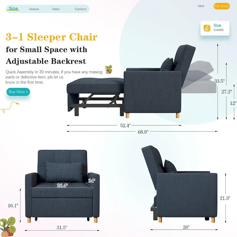 AECOJOY 3 in 1 Sleeper Sofa Chair w/ Pillow &Convertible Backrest