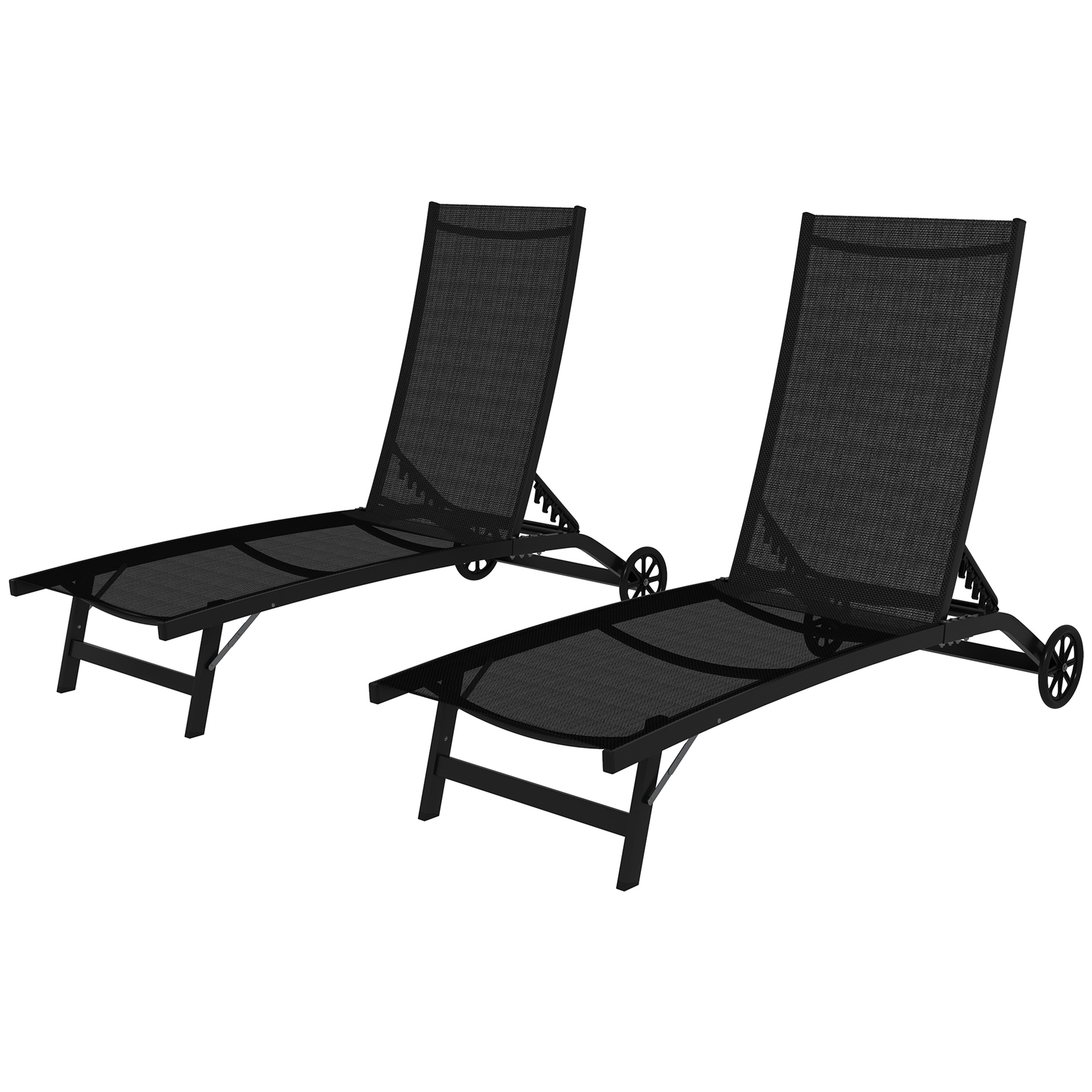 Outsunny Set aus 2 Sonnenliegen aus Aluminium und Textilene mit Rollen verstellbarer Rückenlehne maximales Gewicht 150 Kg Schwarz