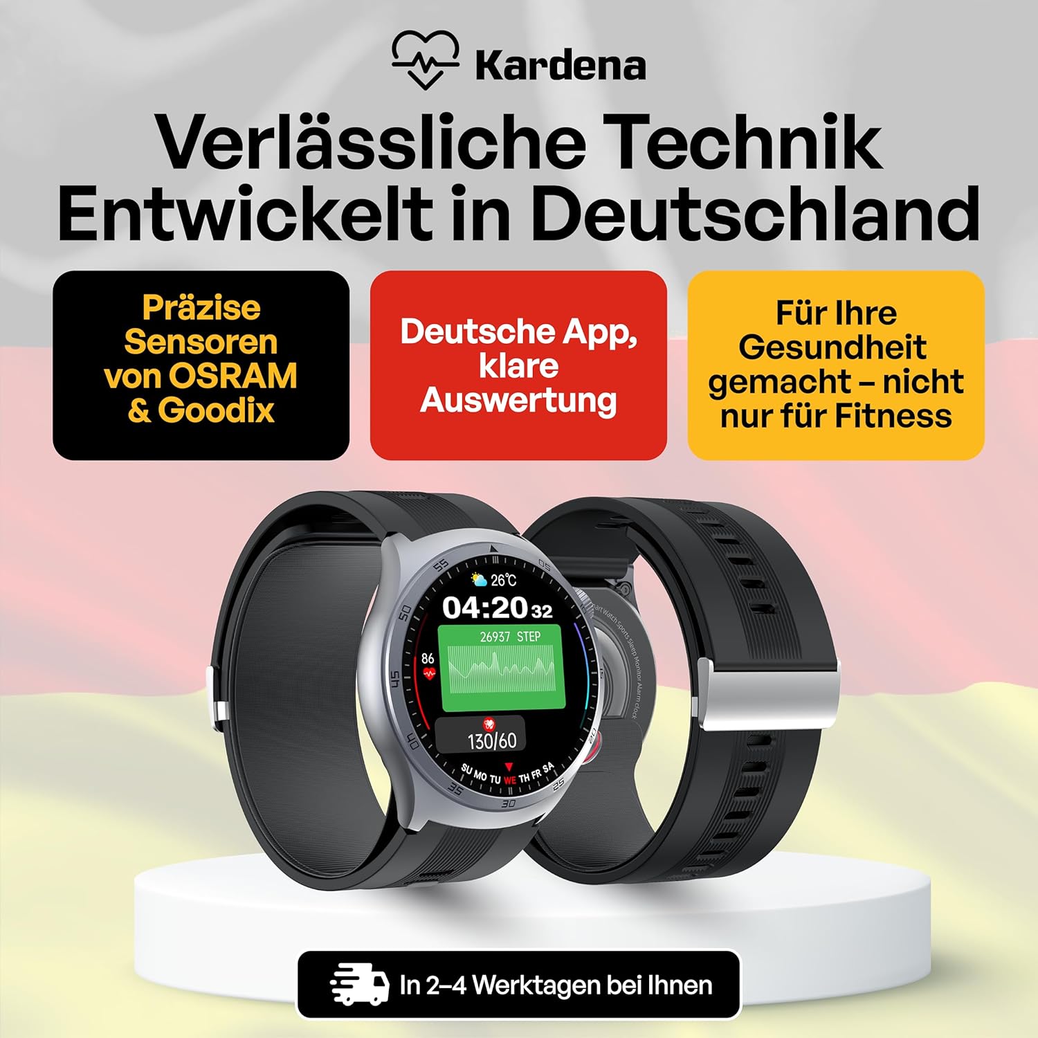 Kardena® Care Air 3 Gesundheitsuhr mit Mikroairbag-Blutdruckmessung, Deutscher Sensorik, AMOLED-Display & SOS – Herzfrequenz, SPO₂, Temperatur & REM-Schlafanalyse für Damen & Herren
