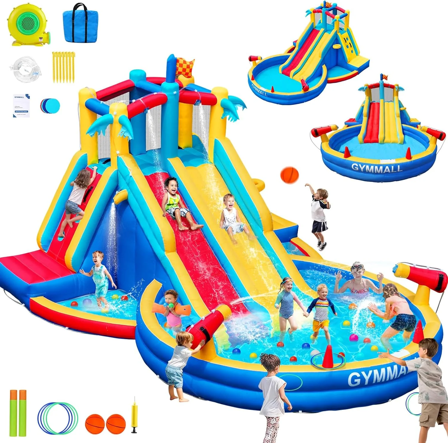 Inflatable Water Slide Bounce House with 550 W Blower, 8-in-1 Blow up Bouncy Castle Waterslide Park for Kids Outdoor and Indoor, Bouncer House with Large Pool, Double Slides and Climbing Walls