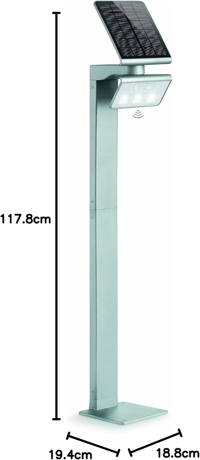 Steinel LED Solarleuchte XSolar GL-S silber, höhenverstellbar, 150 lm, 140° Bewegungsmelder, 5 m Reichweite, Grundlicht