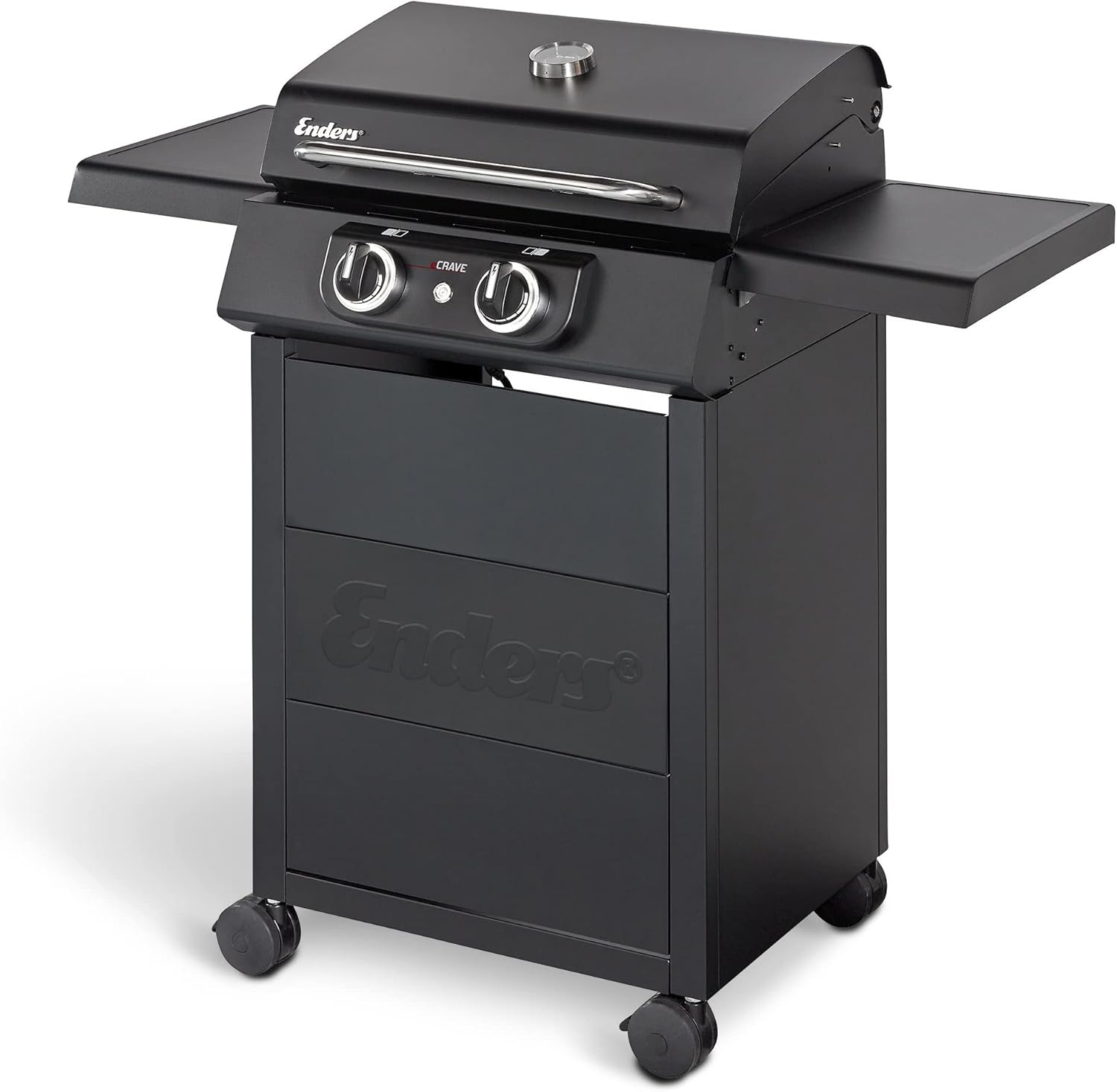 Enders eCrave 2 Barbecue elettrico - Griglia in ghisa, carrello per BBQ con spazio di stivaggio - 2 potenti elementi riscaldanti con stabile coperchio e termometro integrato - Simple Clean 97116