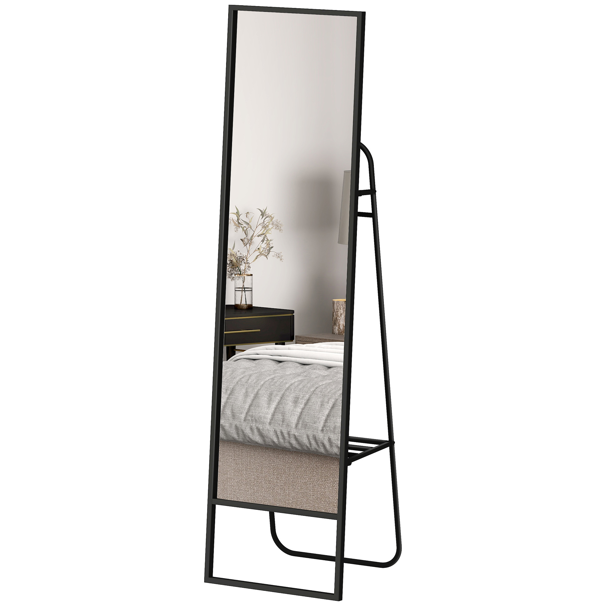 HOMCOM Standspiegel 148,5 x 40 cm rechteckig mit hinterem Regal, 2 Haken und Metallrahmen, Schwarz