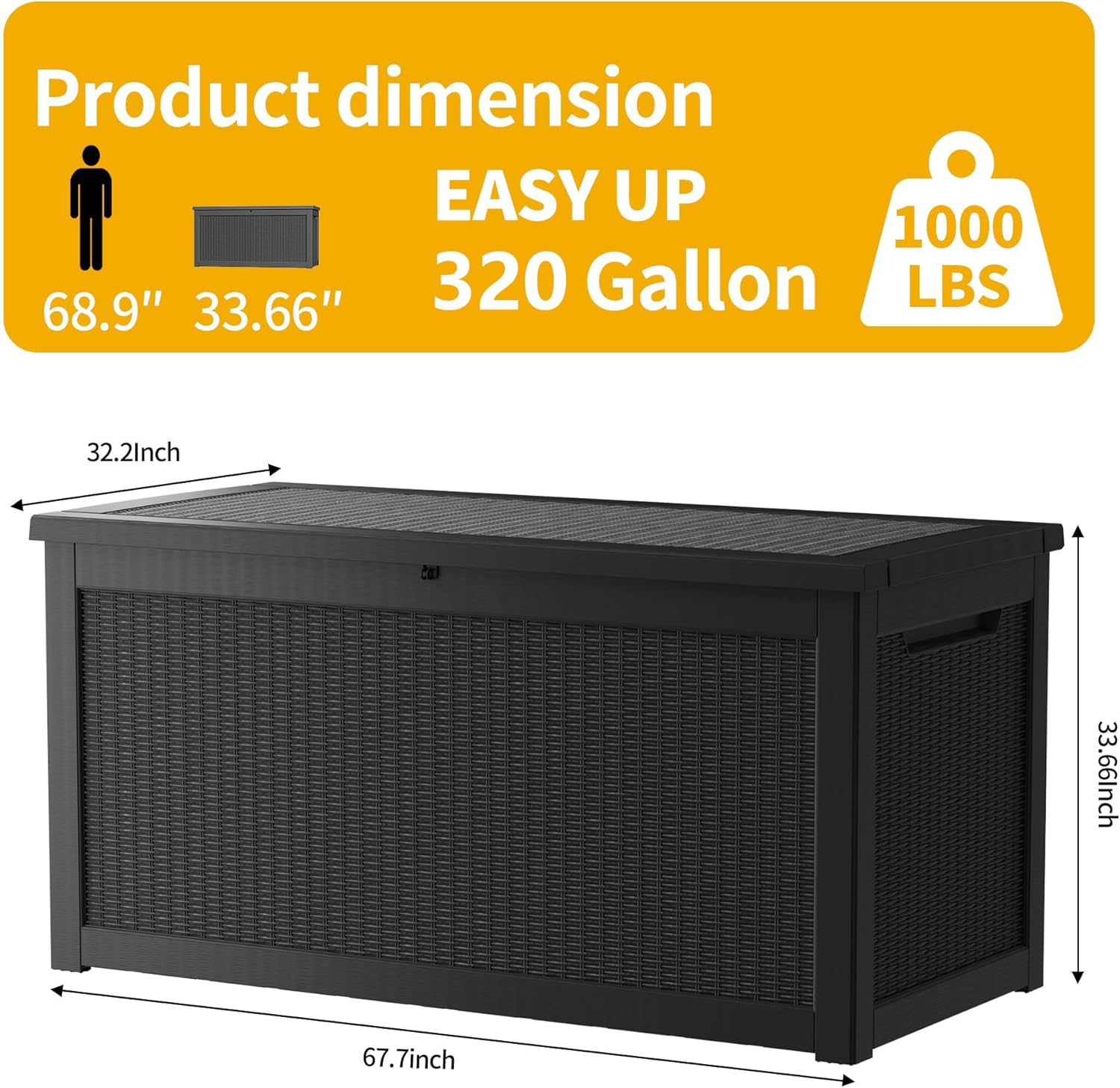 TARKARI 320 Gallon Lockable Resin Deck Box  Waterproof & UV-Resistant Outdoor Storage Box for Outdoor Cushion Storage  Garden Tools & Pool Accessories Storage  Black