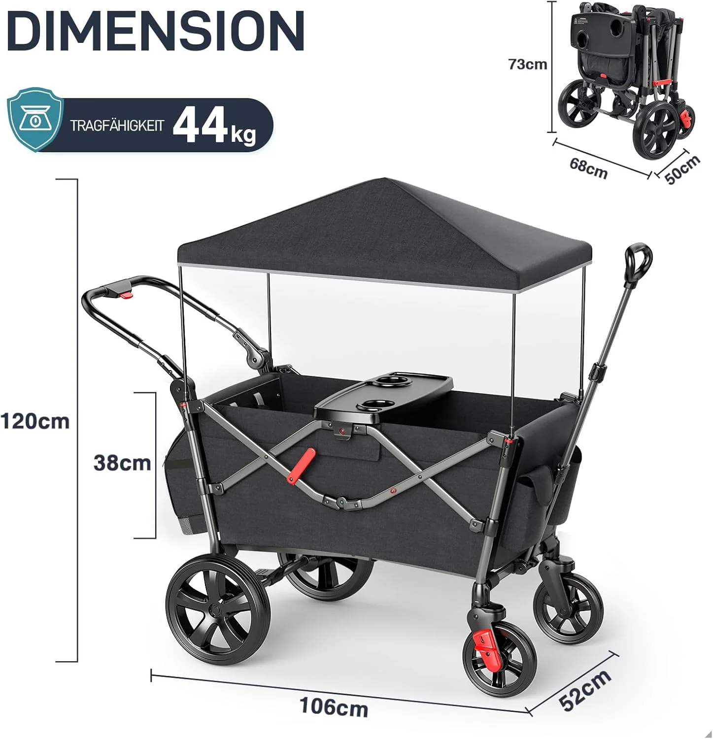 EVER ADVANCED Bolderkar voor 2 kinderen Opvouwbaar met dak, kinderwagen 2x5-punts veiligheidsgordel met luiertas, bolderkar met zitje, handwagen transportwagen, trekken & duwen, voetrem