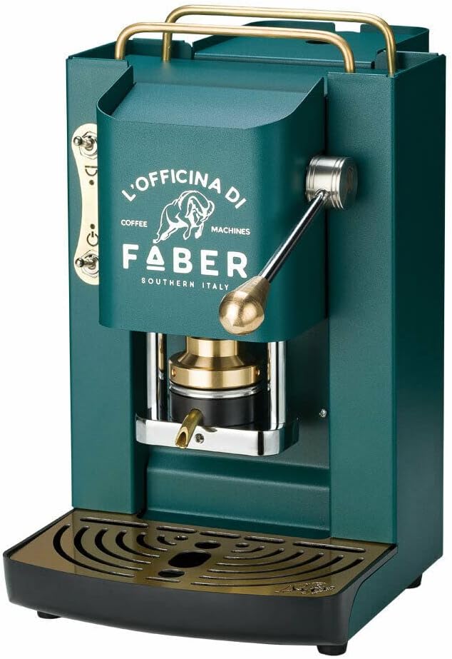 Macchina caffè a Cialde ese Filtro Carta 44mm Faber Pro Deluxe Verde Scuro British con Rifiniture in Ottone con 50 cialde Omaggio Emporio del caffè