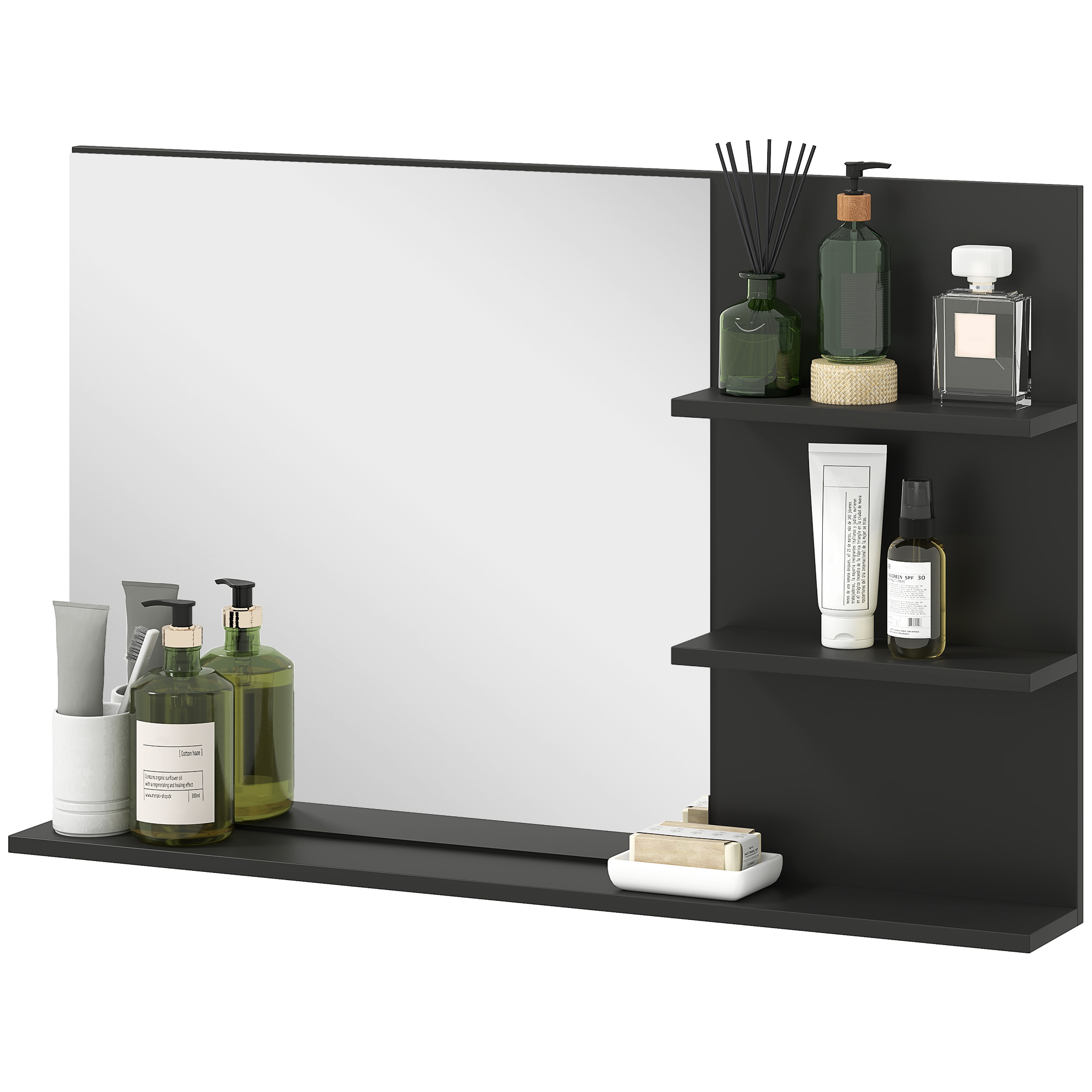 kleankin Badezimmerspiegel Modern mit 2 Seitlichen Regalen und Unterem Regal, aus Holz und Glas, 75x10x48 cm, Schwarz