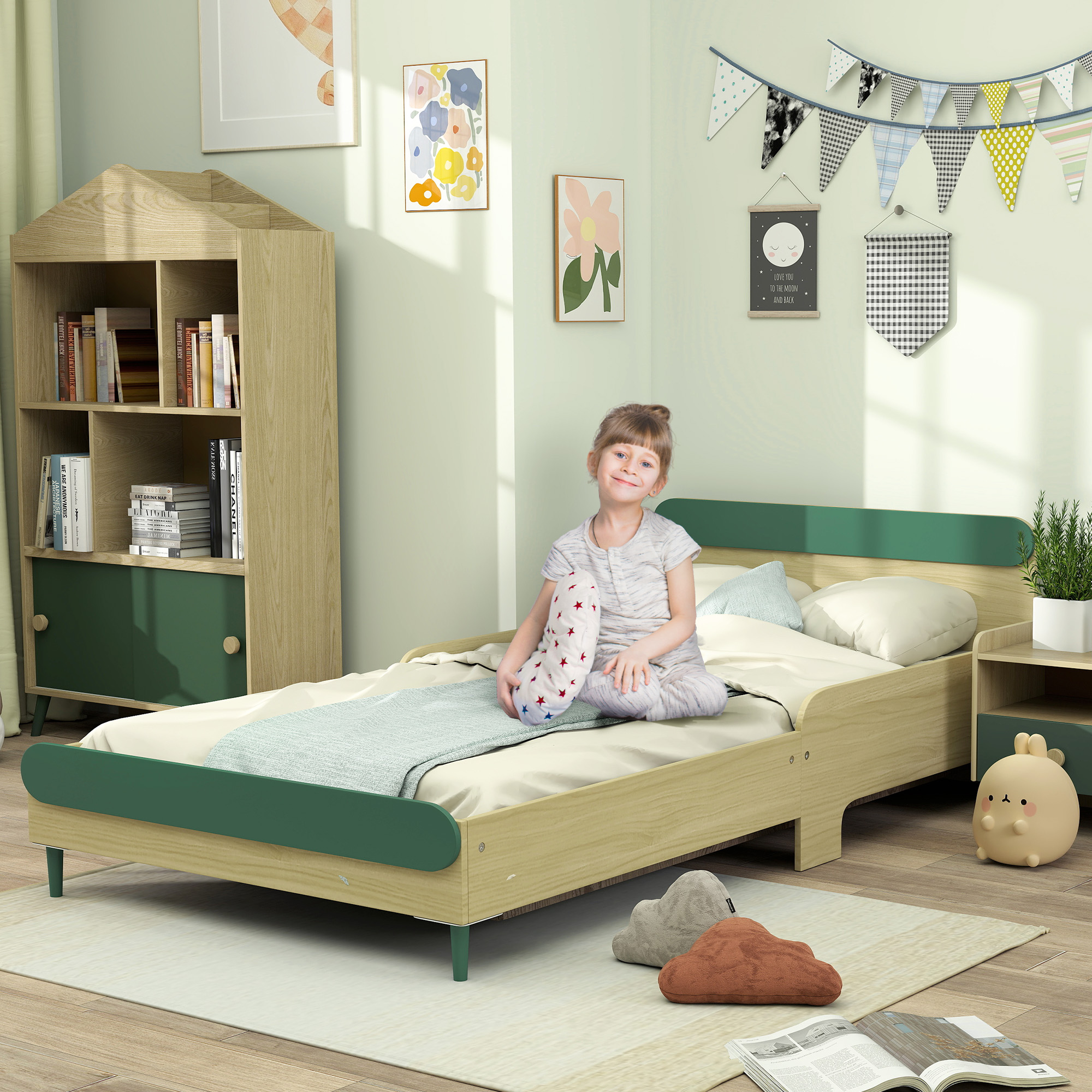 AIYAPLAY Kinderbett Bodenbett für Kinder von 3 bis 10 Jahren mit Sicherheitsbarriere, Lattenrost inklusive, grün