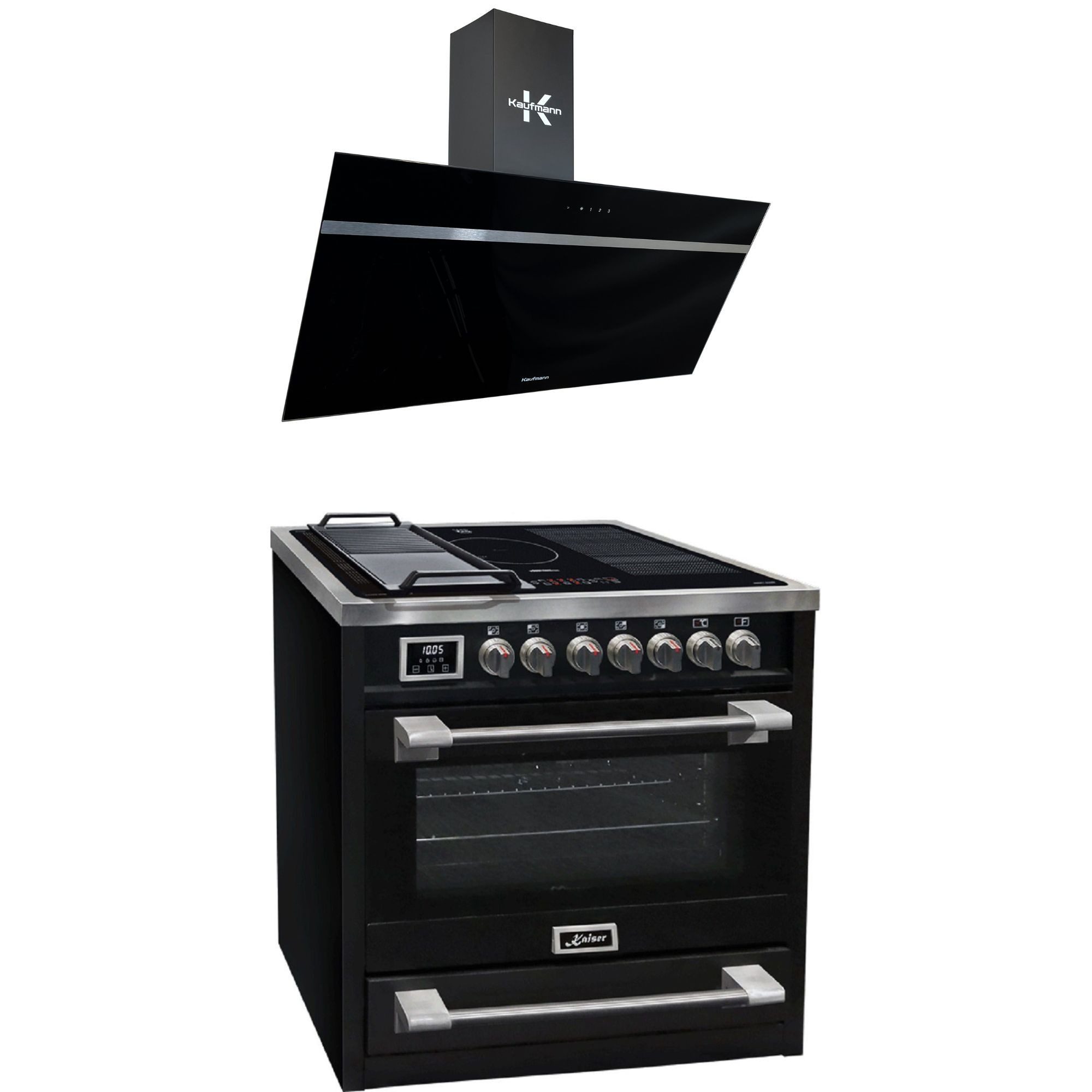 Induktions Herd-Set Elektro Standherd mit Induktionskochfeld 90 cm, 115L, Schwarz+ Kopffreihaube Dunstabzugshaube 90 cm, 1000 m³/h HC 93691 IS+VIKTORIA 90 BL