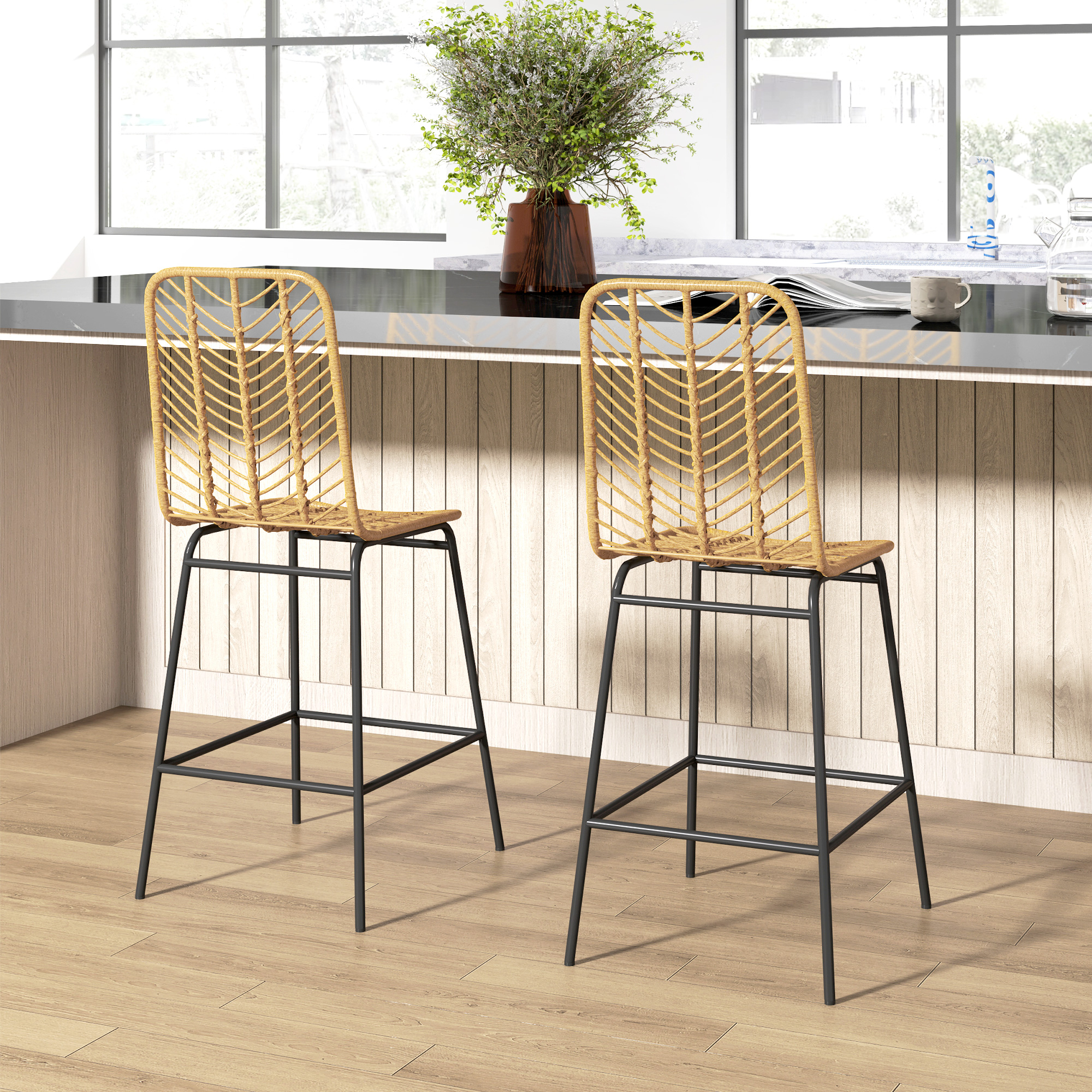 HOMCOM 2er Set Barhocker mit Lehne Barstühle im Boho-Design, PE-Rattan, inkl. Fußtstütze, 42,5 cm x 52 cm x 102 cm, Gelb + Schwarz