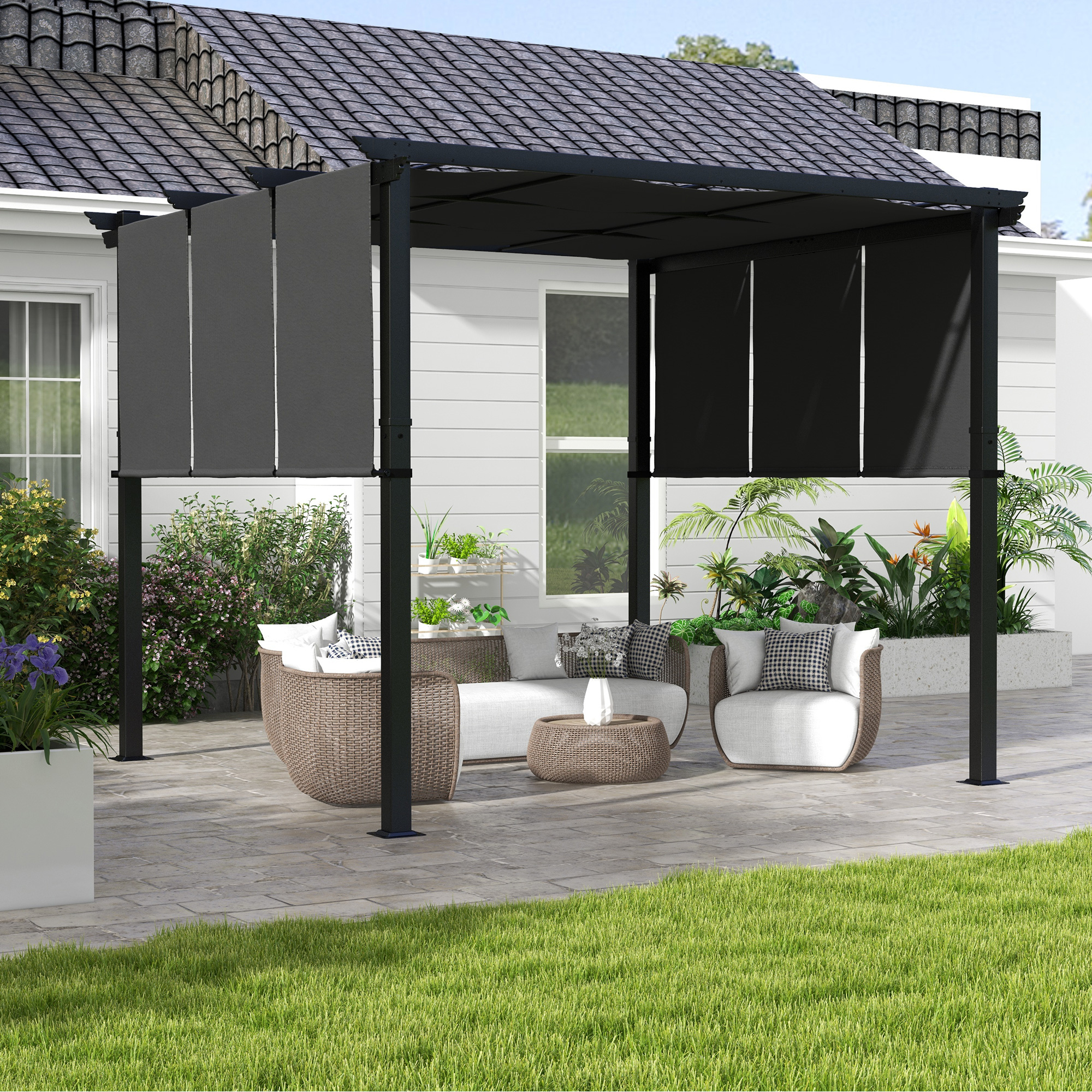 Outsunny Pergola mit 3 verschiebbaren Stoffdächern 3L x 3B m, Metallstruktur mit Epoxidharz-Antikorrosion, Polyesterstoff in Grau