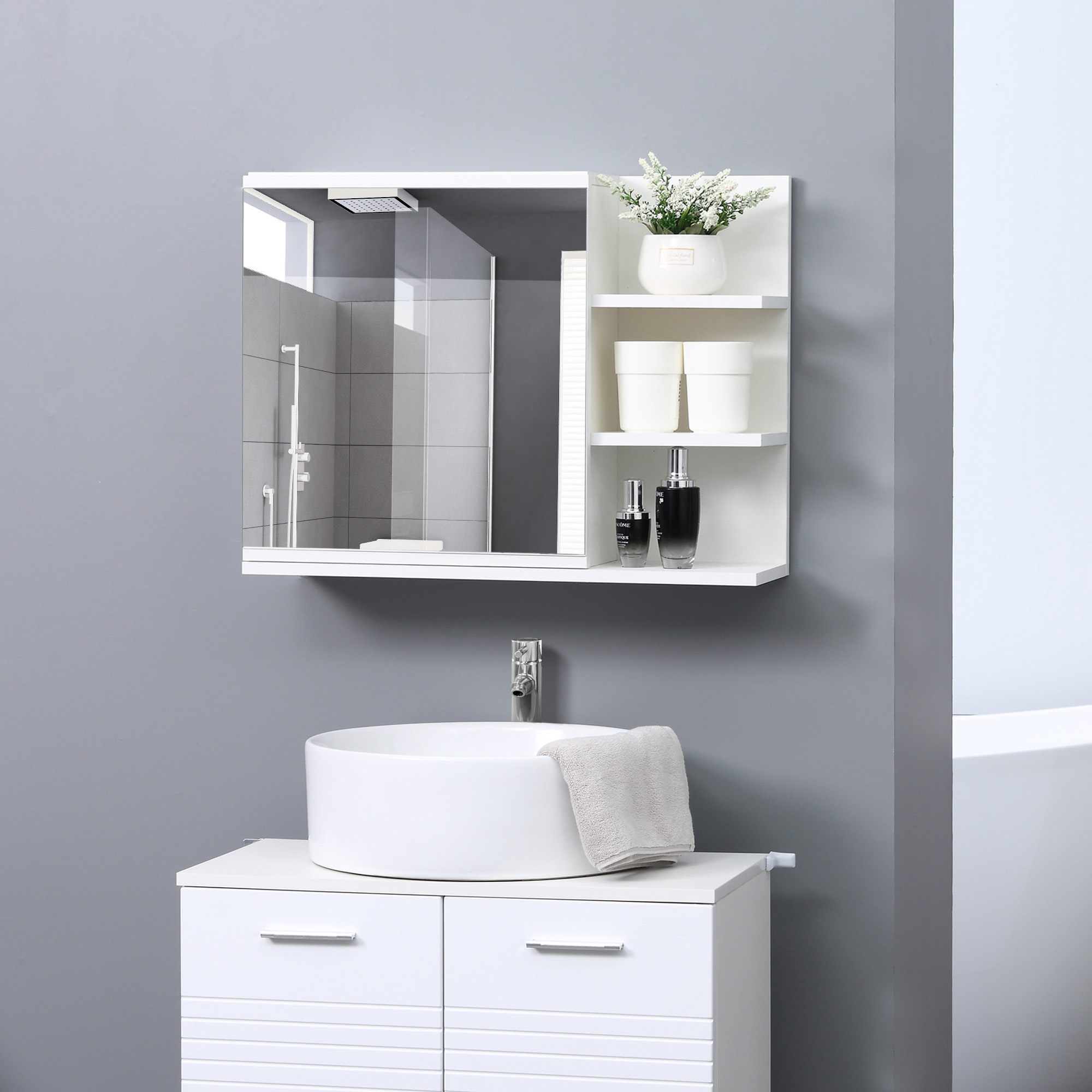 kleankin Badezimmerspiegelschrank mit Regal 3 Seitengestelle Wandmontage-Set enthalten Weißes Holzdesign