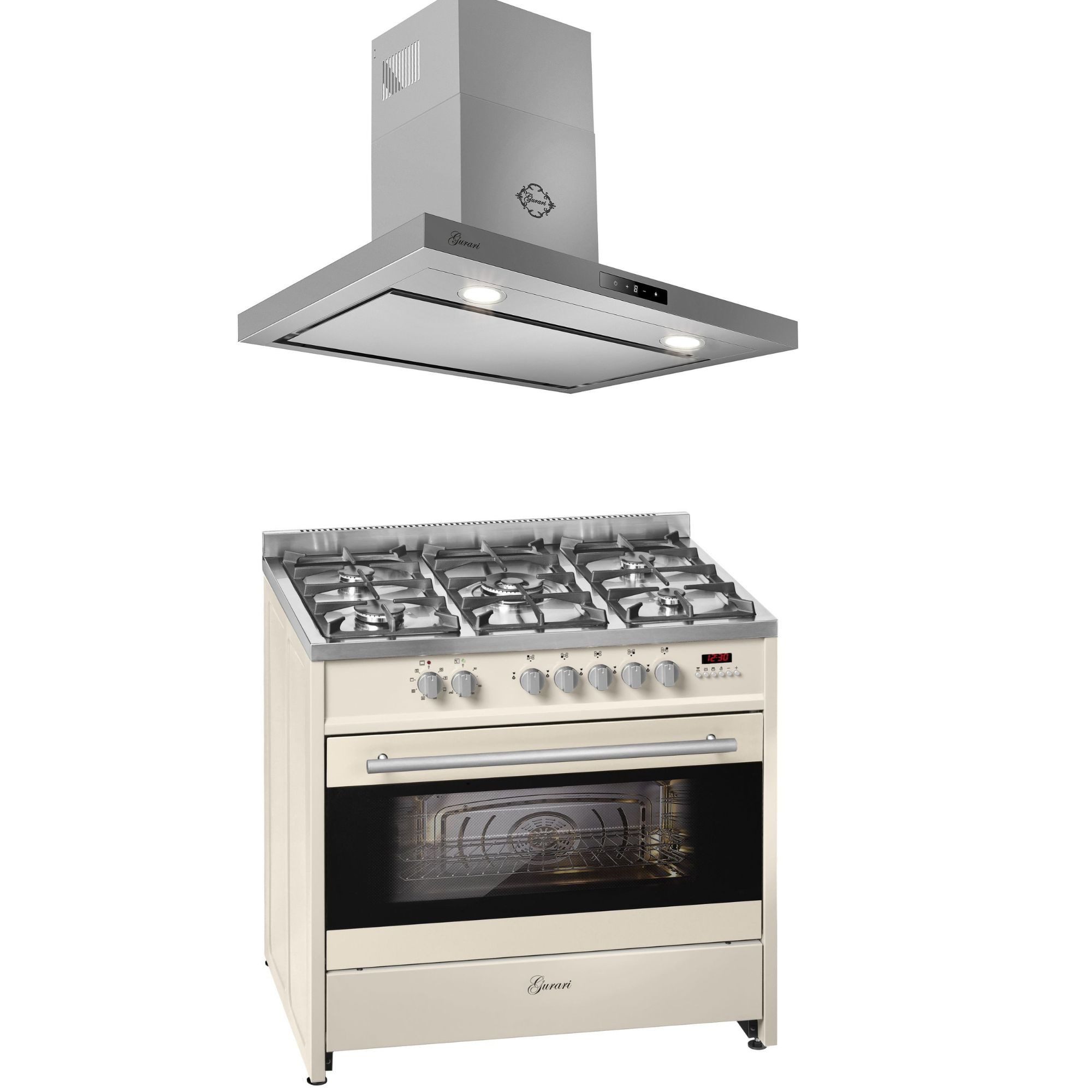 Gas-Standherd Gas Elektro Standherd 90 cm, XXL Backofen 121 L, 8 Funktionen+Dunstabzugshaube 90 cm,Edelstahl, Glas, 1000m³/h GCH E 911 Cr +CH 5001