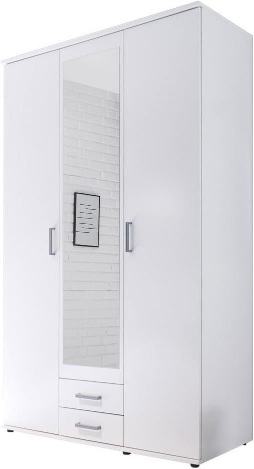 AVANTI TRENDSTORE - Kalle Wardrobe with Hinged Doors with Mirror in the Centre and with 2 Drawers in Laminated Wood, Available in 2 Different Colours, Dimensions: LAP 120 x 195 x 55 cm (White)