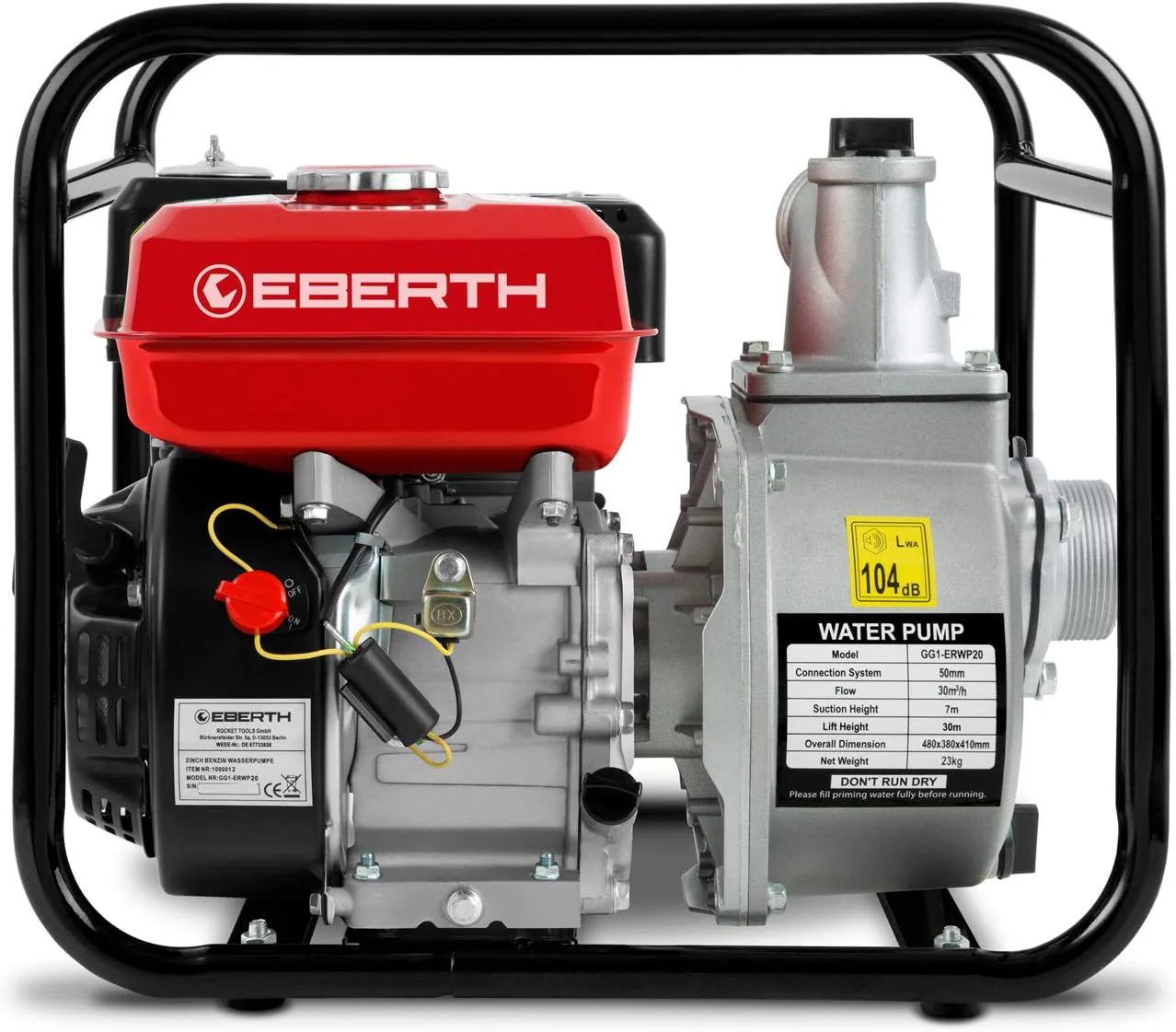 EBERTH 5,5 PK waterpomp met 30.000 l/u en 30 m opvoerhoogte, 2 inch aansluiting, tuin-/vuilwaterpomp met 4-taktmotor en 7 m aanzuighoogte, benzinepomp, trekstarter, metalen voet, handvat
