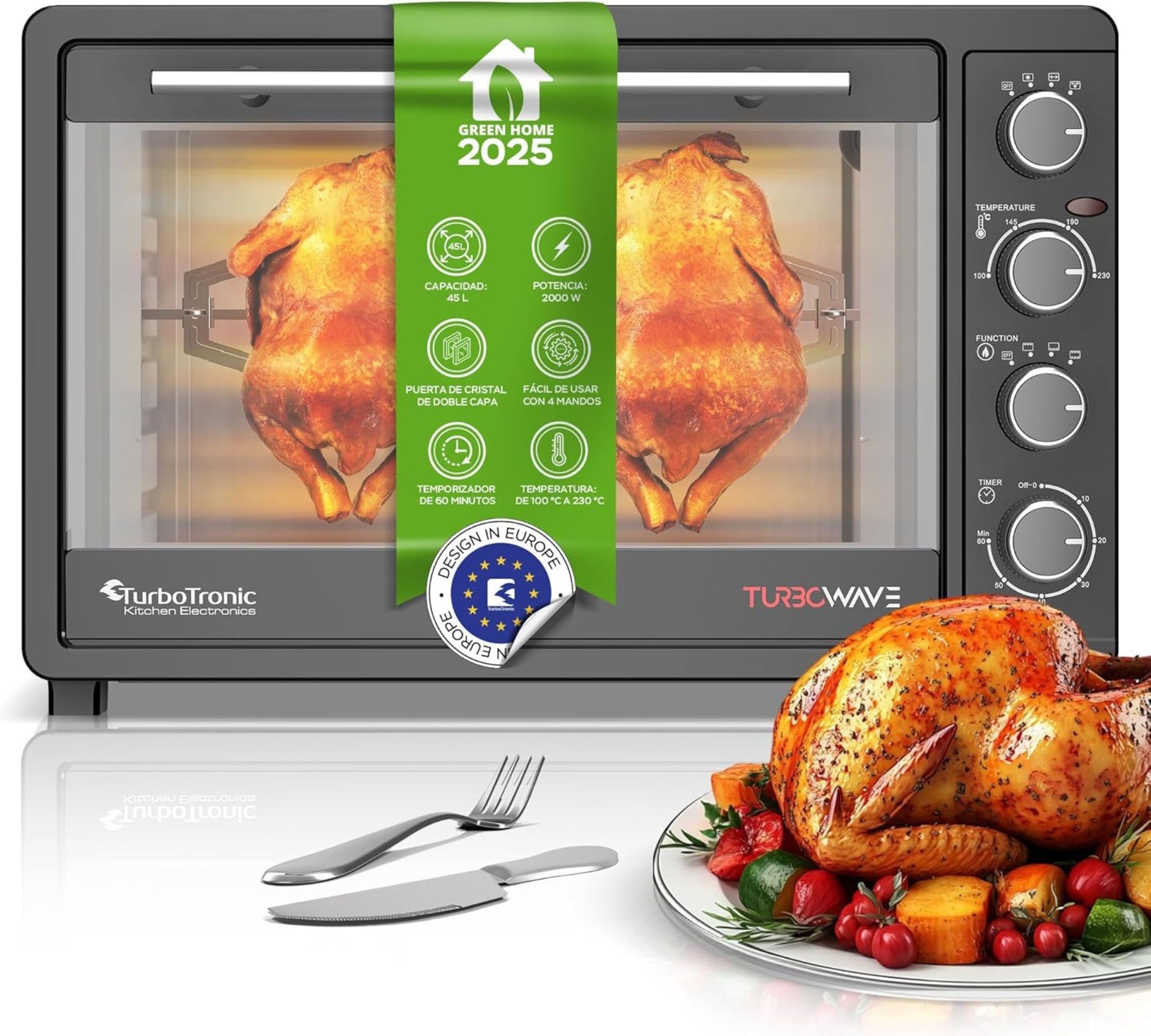 Minibackofen 45 Liter inkl. Drehspieß, Grillrost & 2x Backblech 2000W Elektroofen