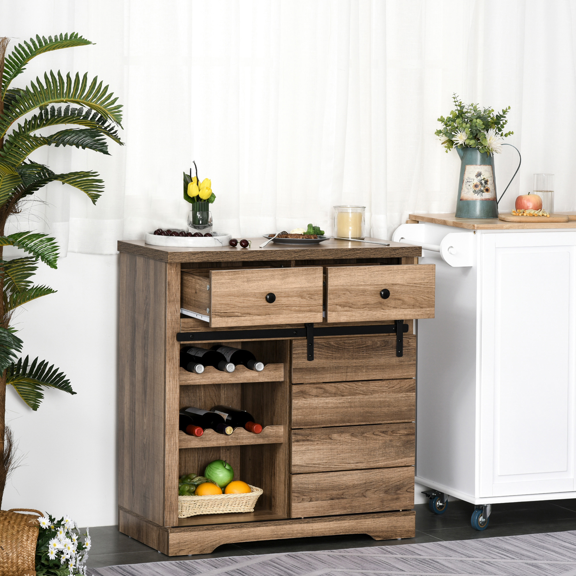 HOMCOM Küchenschrank mit 2 Schubladen, offenen Regalen und Weinständer, rustikaler Küchenschrank aus Holz und Metall, 80x39x86 cm, Holzfarbe