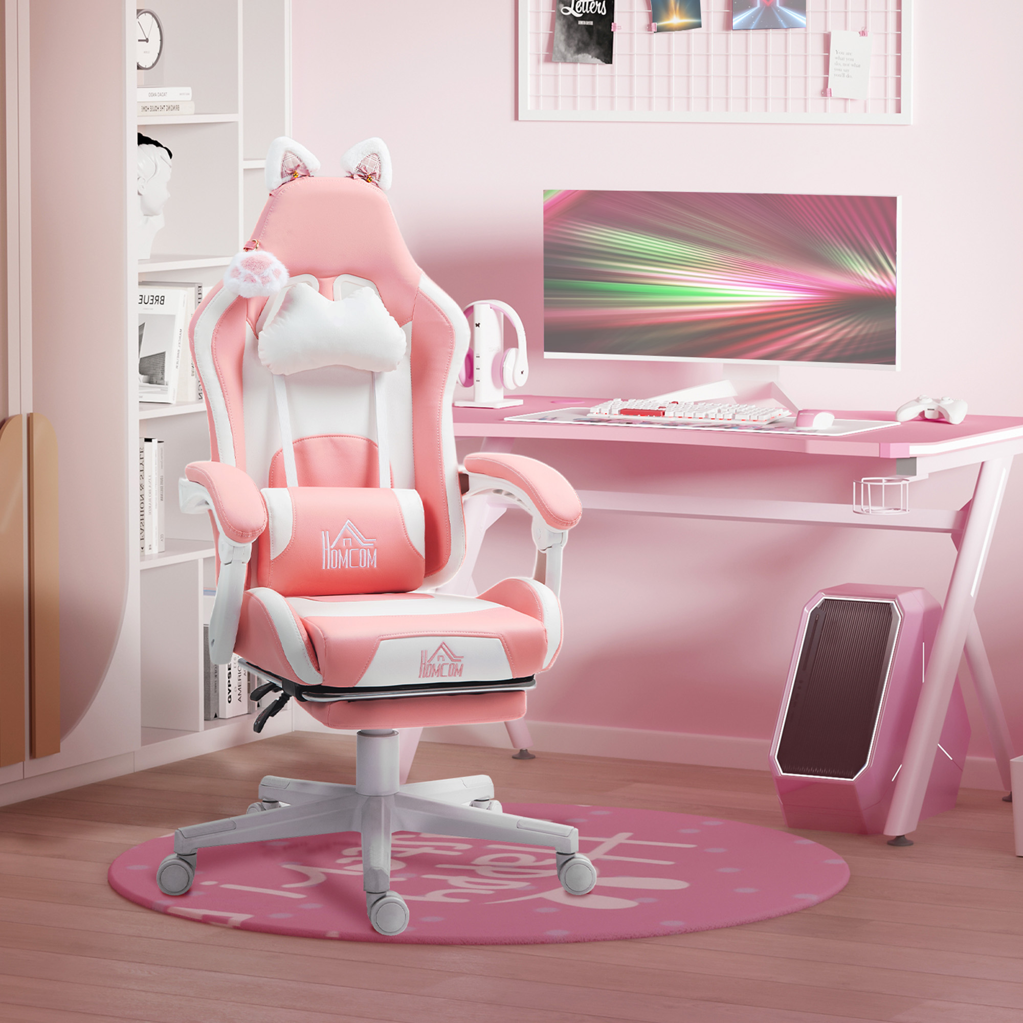 HOMCOM Gaming-Sessel mit Katzenohren, neigbare Lehne, ausziehbare Fußstütze, bis 120 kg, Rosa/Weiß