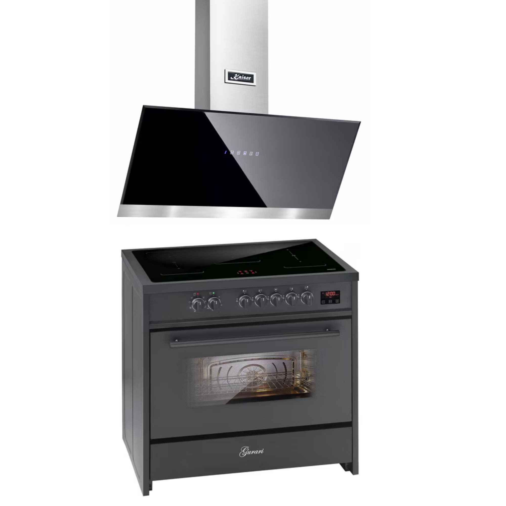 Induktions Herd-Set Induktionsherd 90 cm Standherd Schwarz, 5 Kochzonen, XXL Backofen 121L, Range Cooker,FLEX Zonen+ Dunstabzugshaube 90 cm, Schwarz Glas Edelstahl, 1250m³/h E 913 BL+AT 9440