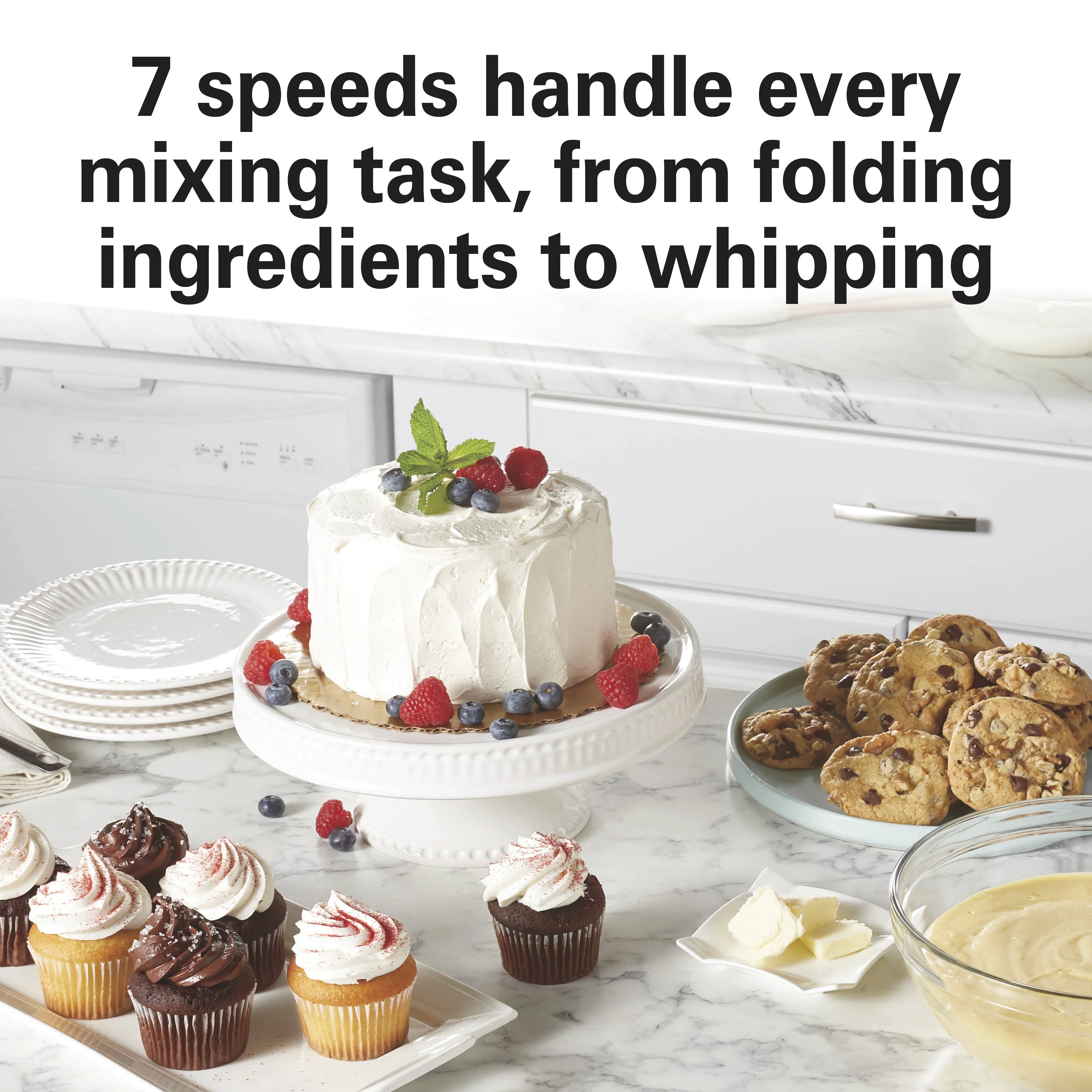 Hamilton Beach 4 Quart Stand Mixer for Kitchen, 7 Speeds, Tilt-Head, Dough Hook, Whisk & Flat Beater, White