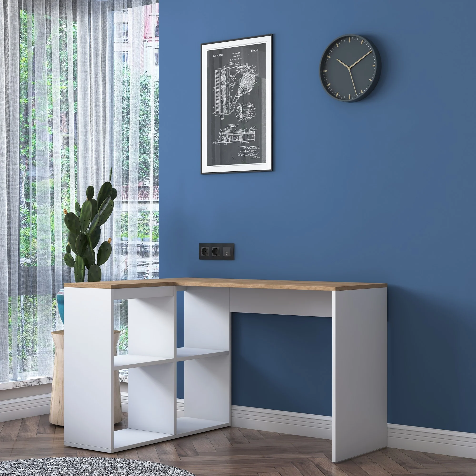 Scrivania angolare moderna con libreria bianco e rovere cm 120x96x74h