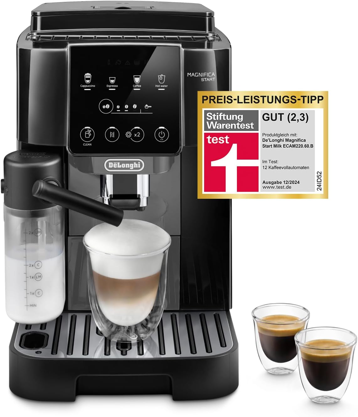 De'Longhi Magnifica Start ECAM222.60.BG, Kaffeevollautomat mit LatteCrema-Milchsystem für Automatischen Cappuccino, 4-Direktwahl-Tasten, Soft-Touch-Bedienfeld, x2-Funktion, 1450W, Schwarz/Grau
